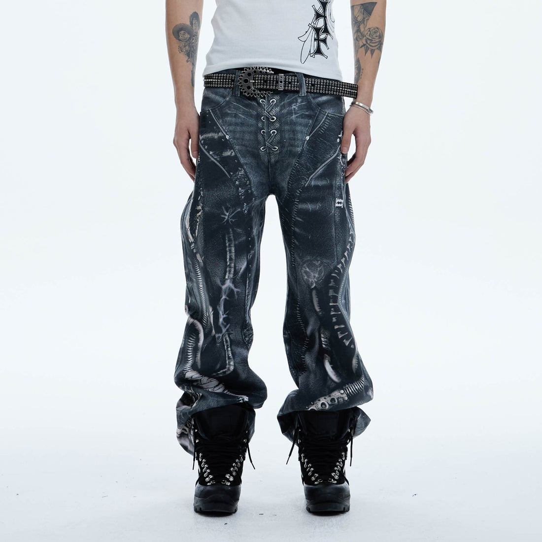 DND4DES Industrial Pipe Lace-Up Graphic Baggy Jeans-Jeans-XS-Free Shipping Leatheretro