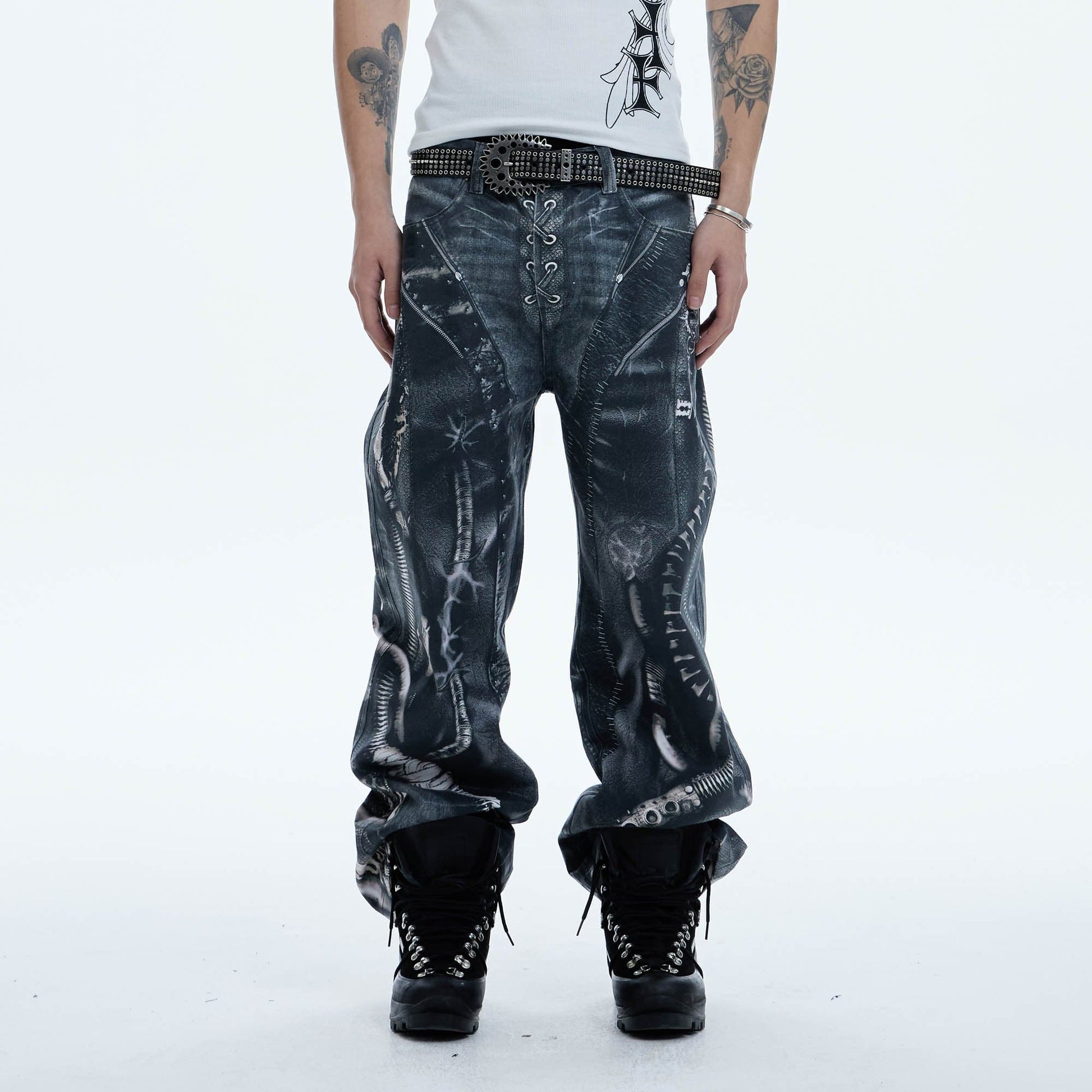 DND4DES Industrial Pipe Lace-Up Graphic Baggy Jeans-Jeans-XS-Free Shipping Leatheretro