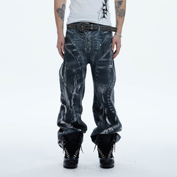 DND4DES Industrial Pipe Lace-Up Graphic Baggy Jeans-Jeans-XS-Free Shipping Leatheretro