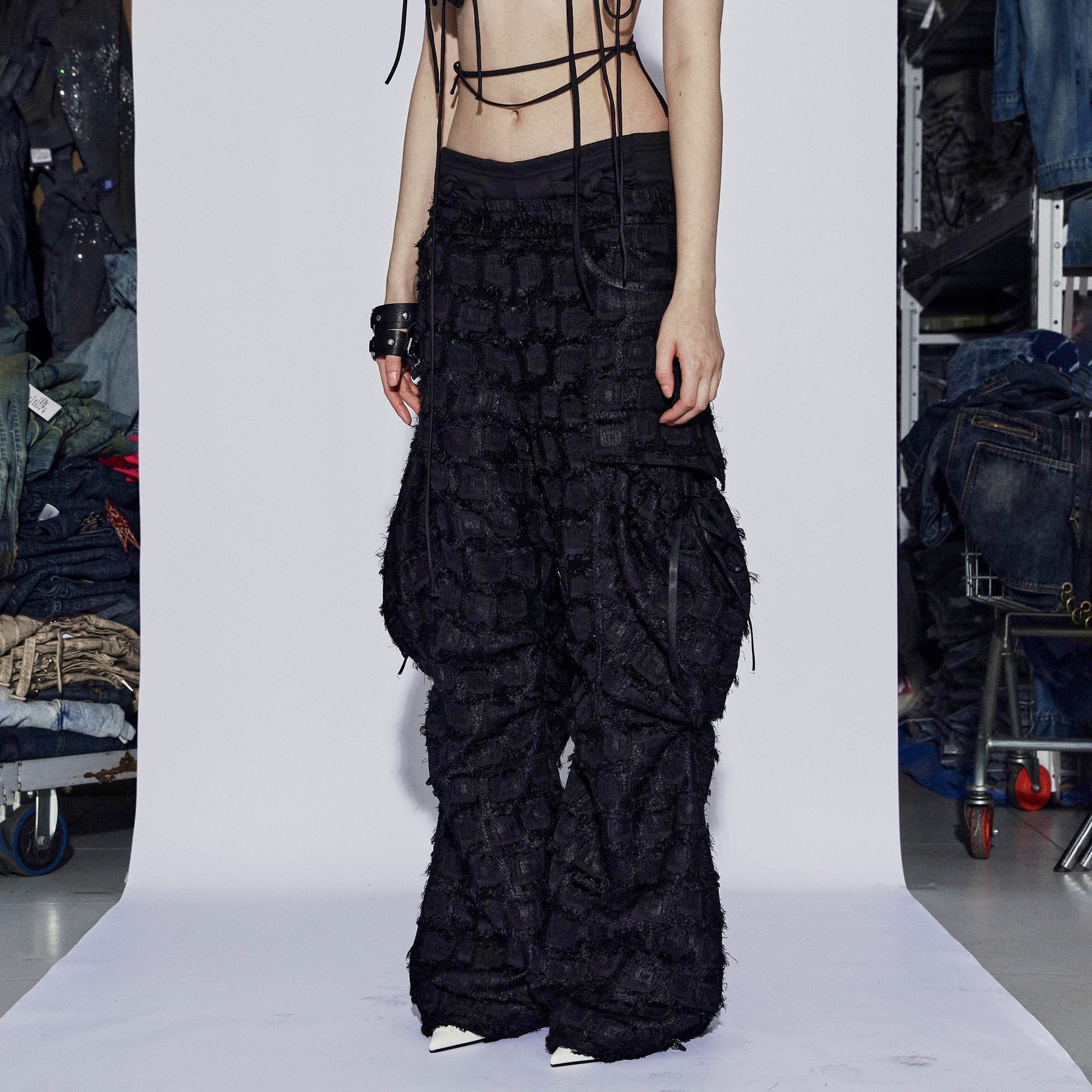 DND4DESxFaychui Fuzzy Grid Multi-Pocket Low-Rise Pants-Pants-S-Free Shipping Leatheretro