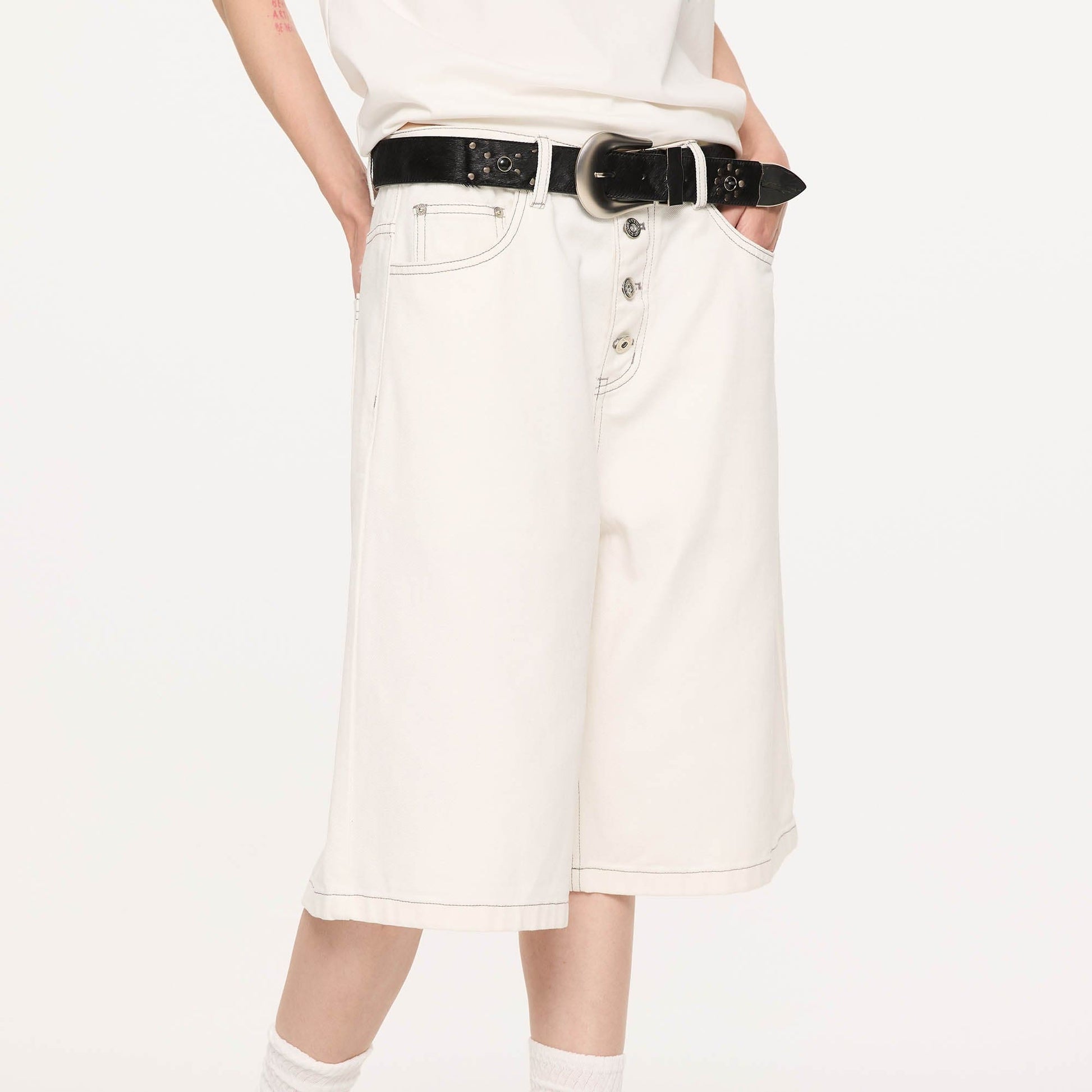 KREATE Essential Button-Up Stitched Denim Shorts-Shorts-S-Navy-Free Shipping Leatheretro