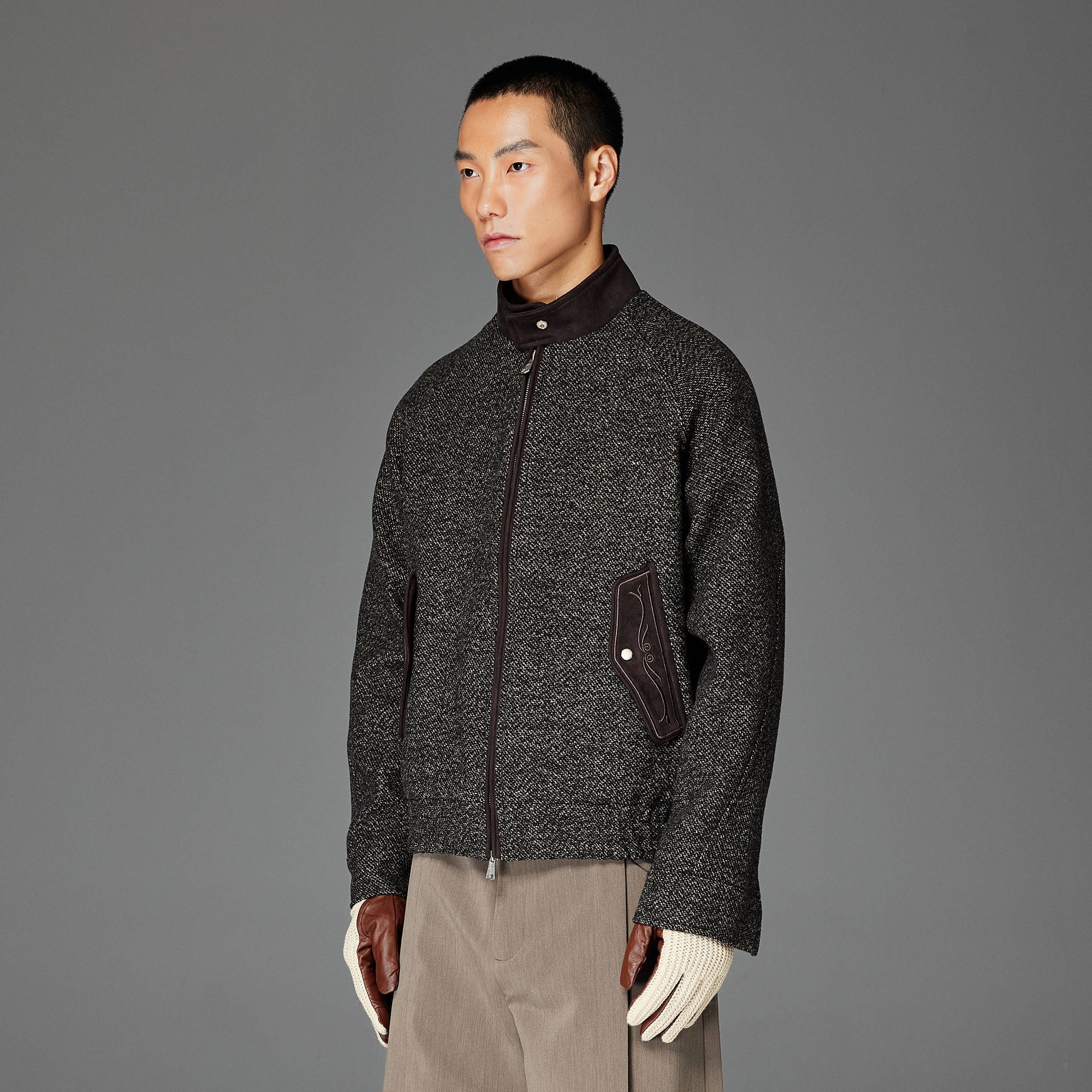 CATSSTAC Wool-Blend Tweed Embroidered Zip Jacket-Jacket-M-Brown-Free Shipping Leatheretro