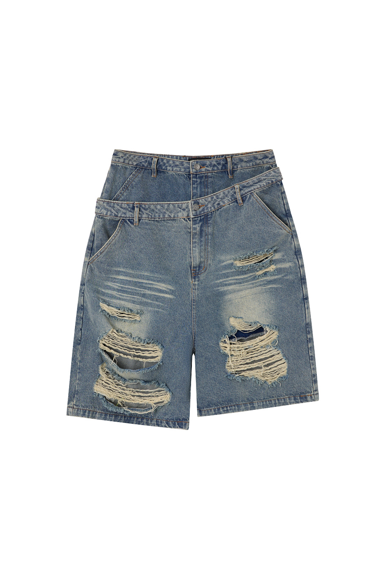 CLP Distressed Double-Waist Denim Shorts-Shorts-M / 31"-Blue-Free Shipping Leatheretro