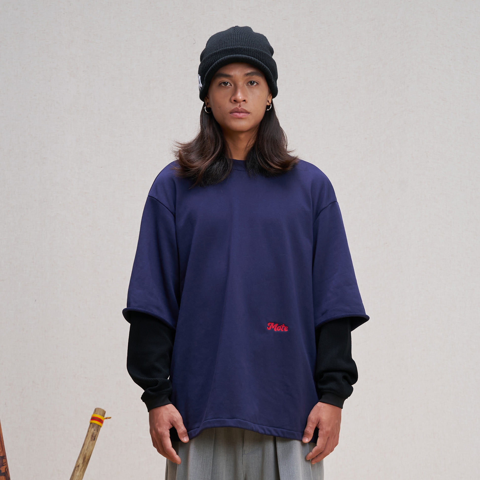UNLIMITED MOTE Waffle Sleeve Layered Drawstring Hem Sweatshirt-Sweatshirt-XS-Dark Blue-Free Shipping Leatheretro