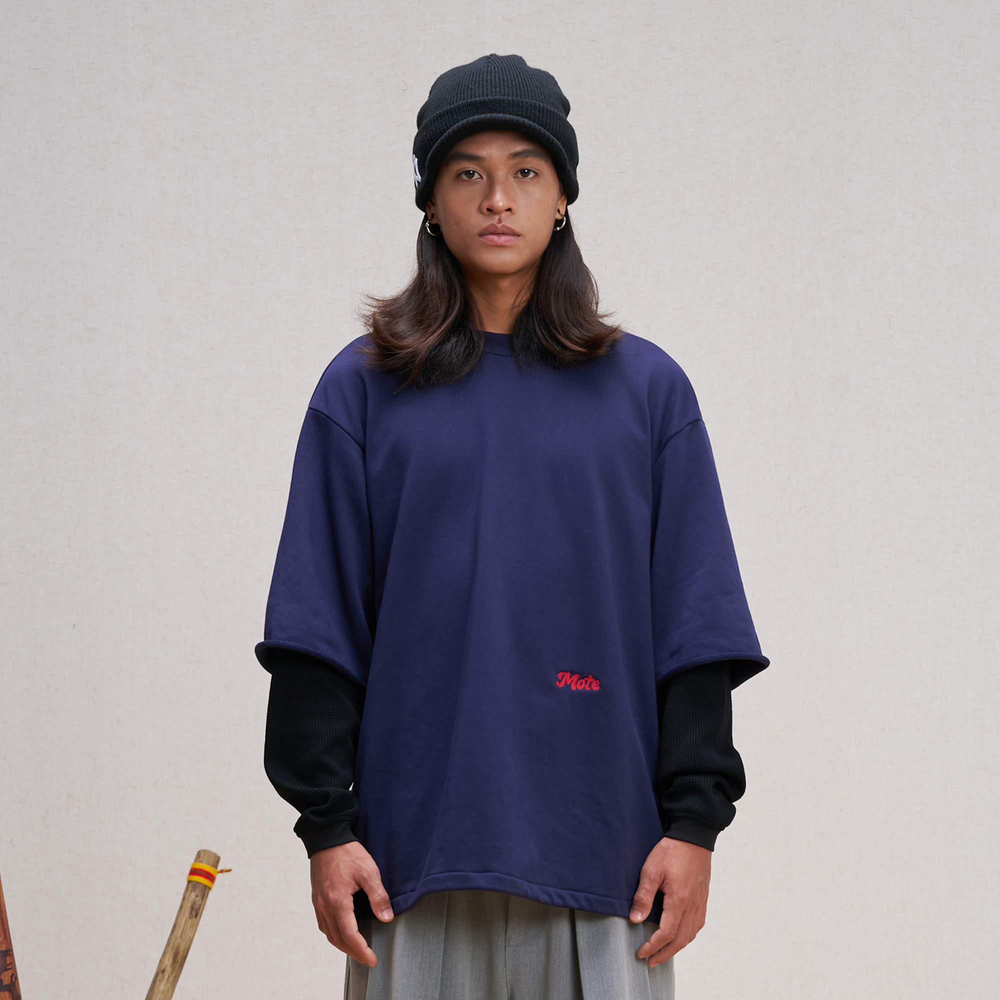 UNLIMITED MOTE Waffle Sleeve Layered Drawstring Hem Sweatshirt-Sweatshirt-XS-Dark Blue-Free Shipping Leatheretro