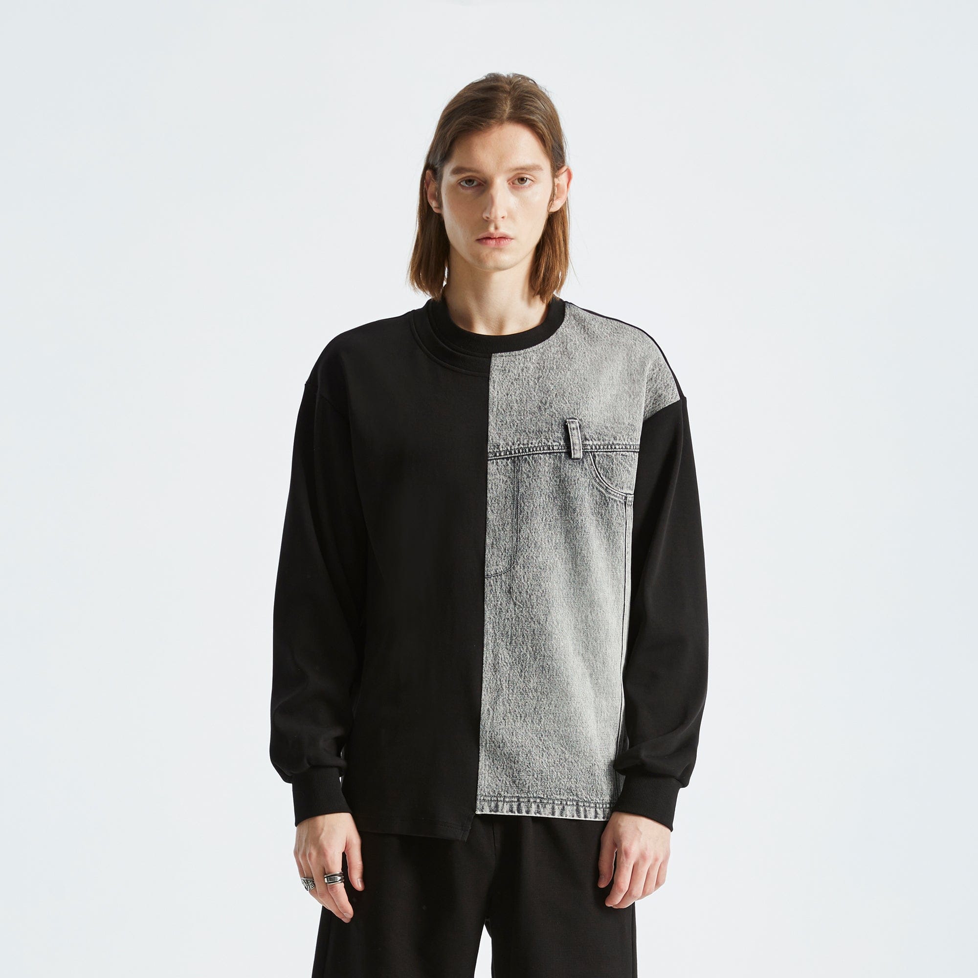 ORGANIC EMOTION Denim Spliced Long-Sleeve Tee-L/S Tee-S-Free Shipping Leatheretro
