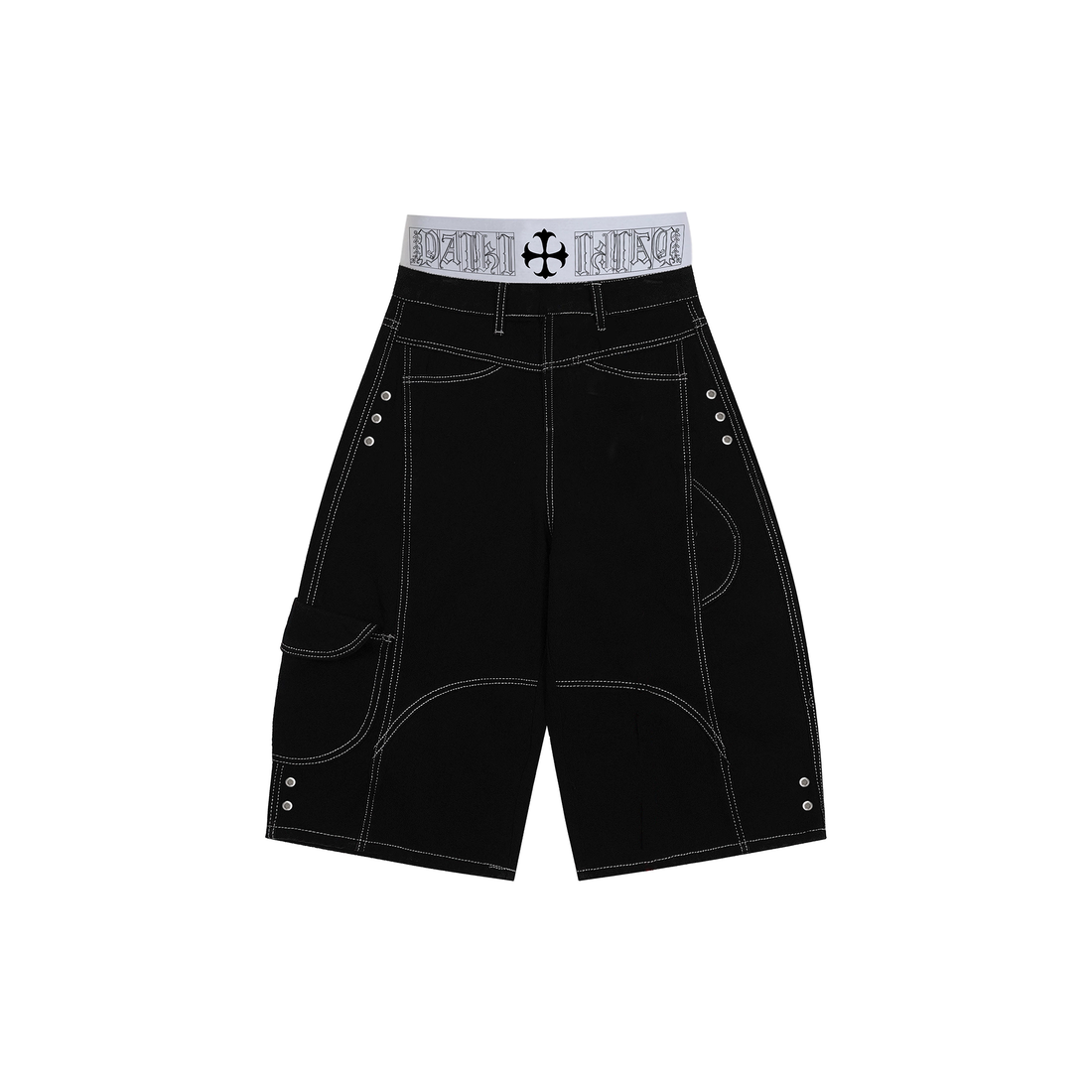 PAIKI Retro Double-Waist Contrast Stitch Cargo Shorts-Shorts-S / 29"-Black-Free Shipping Leatheretro
