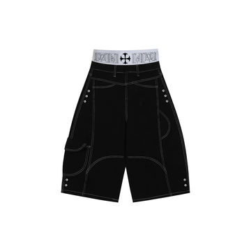 PAIKI Retro Double-Waist Contrast Stitch Cargo Shorts-Shorts-S / 29"-Black-Free Shipping Leatheretro
