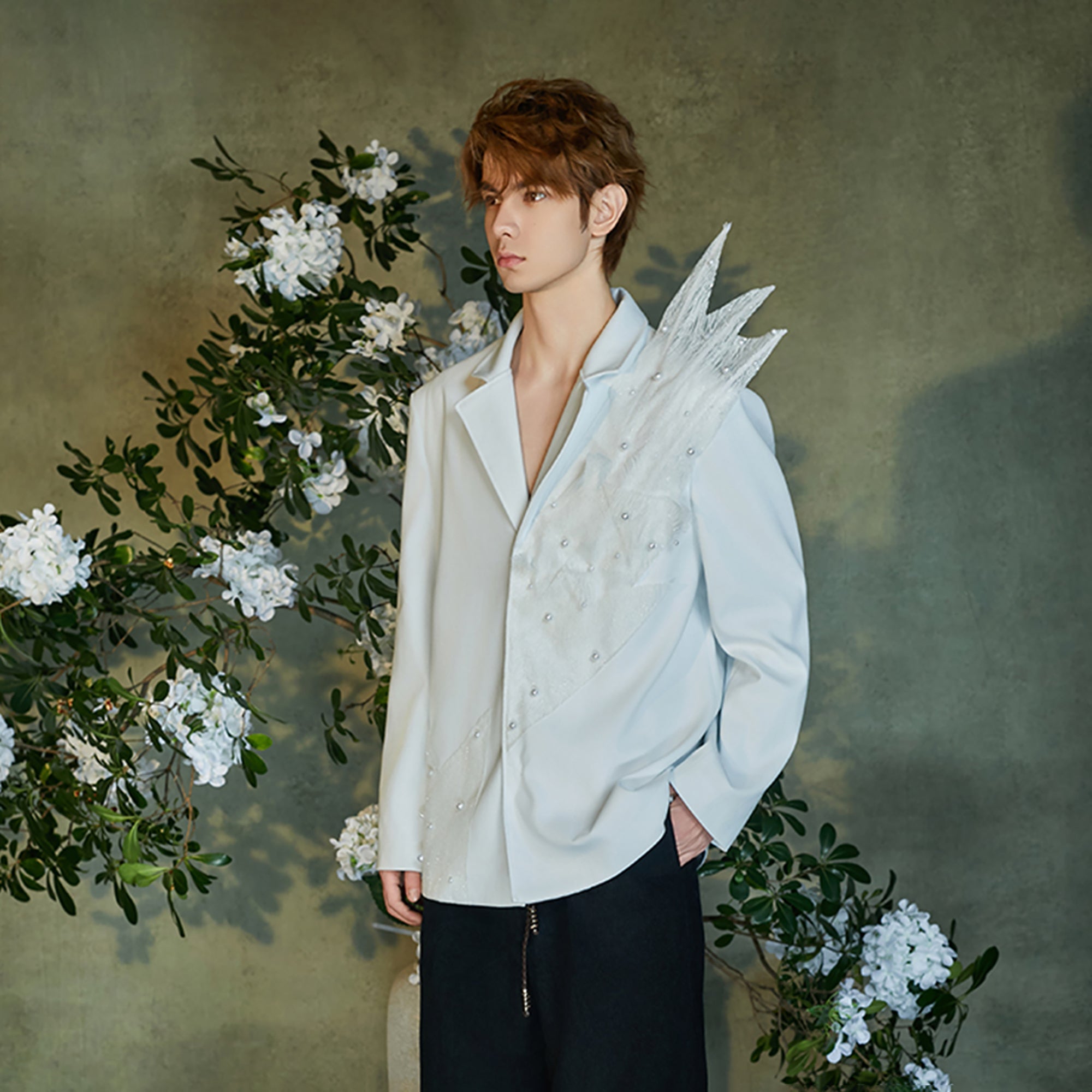 JIECHI Pearl-Embellished Sheer Feather Blazer-Jacket-M (Preorder)-Free Shipping Leatheretro