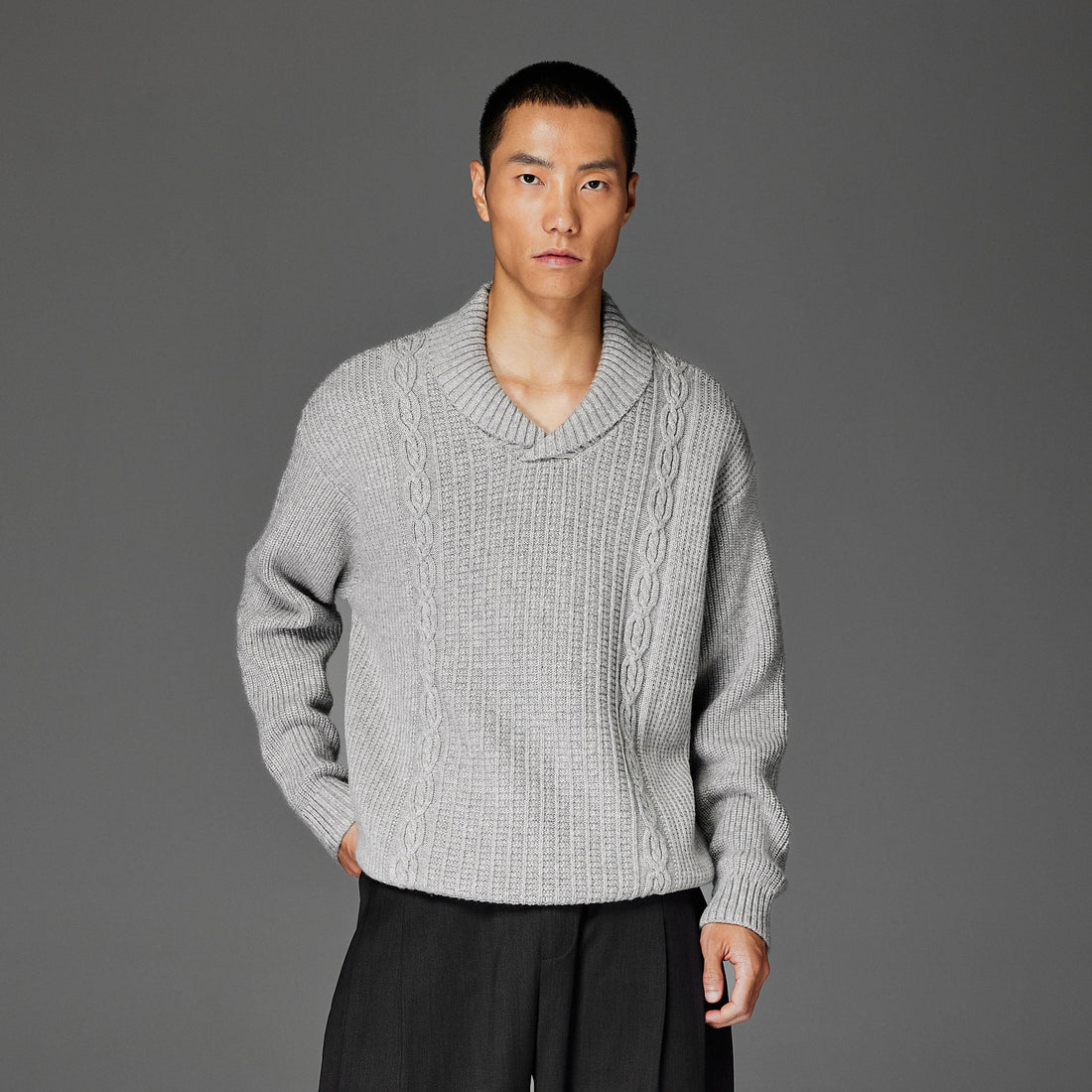 CATSSTAC Wool-Blend Shawl-Collar Cable Knit Sweater-Sweater-M-Dark Gray-Free Shipping Leatheretro