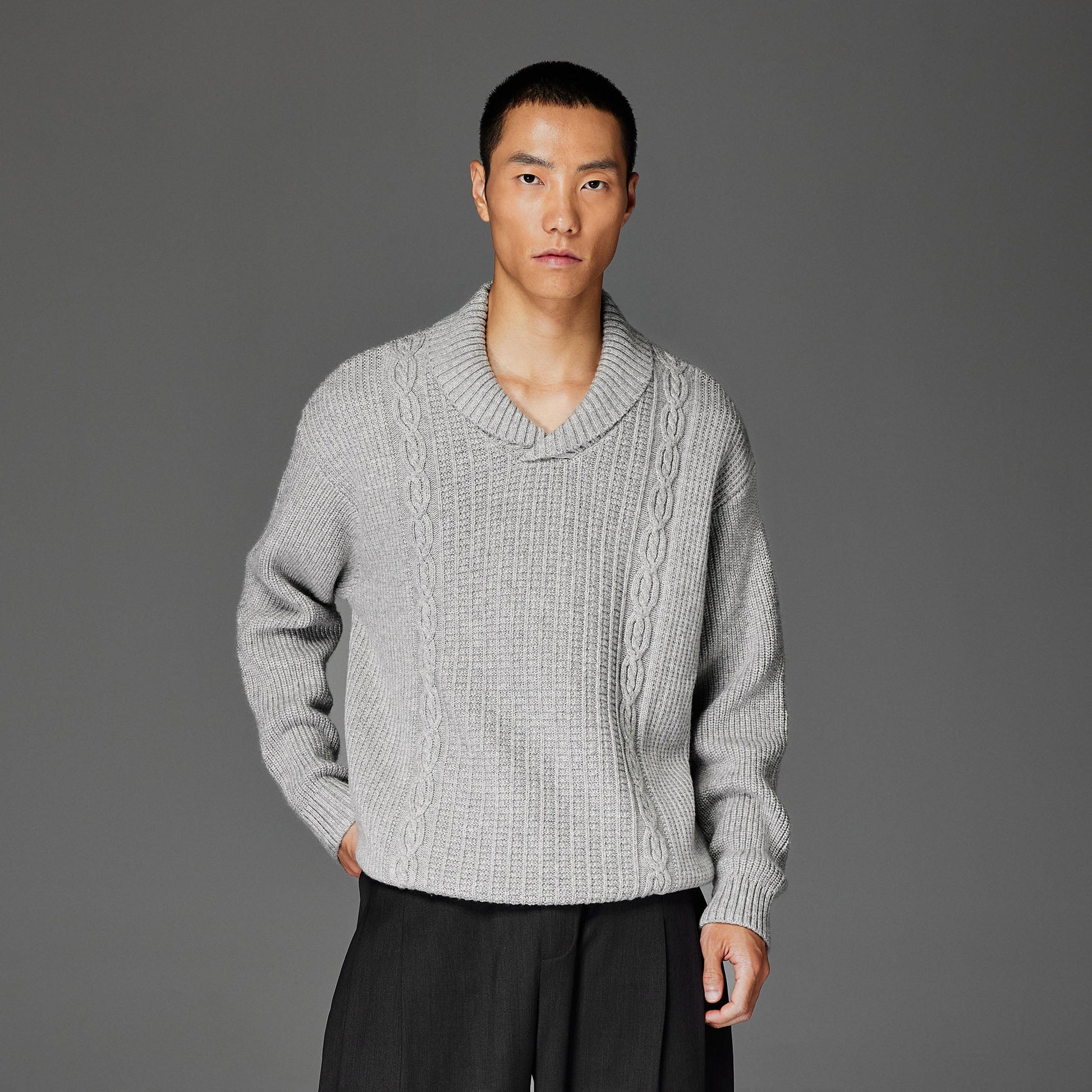 CATSSTAC Wool-Blend Shawl-Collar Cable Knit Sweater-Sweater-M-Light Gray-Free Shipping Leatheretro