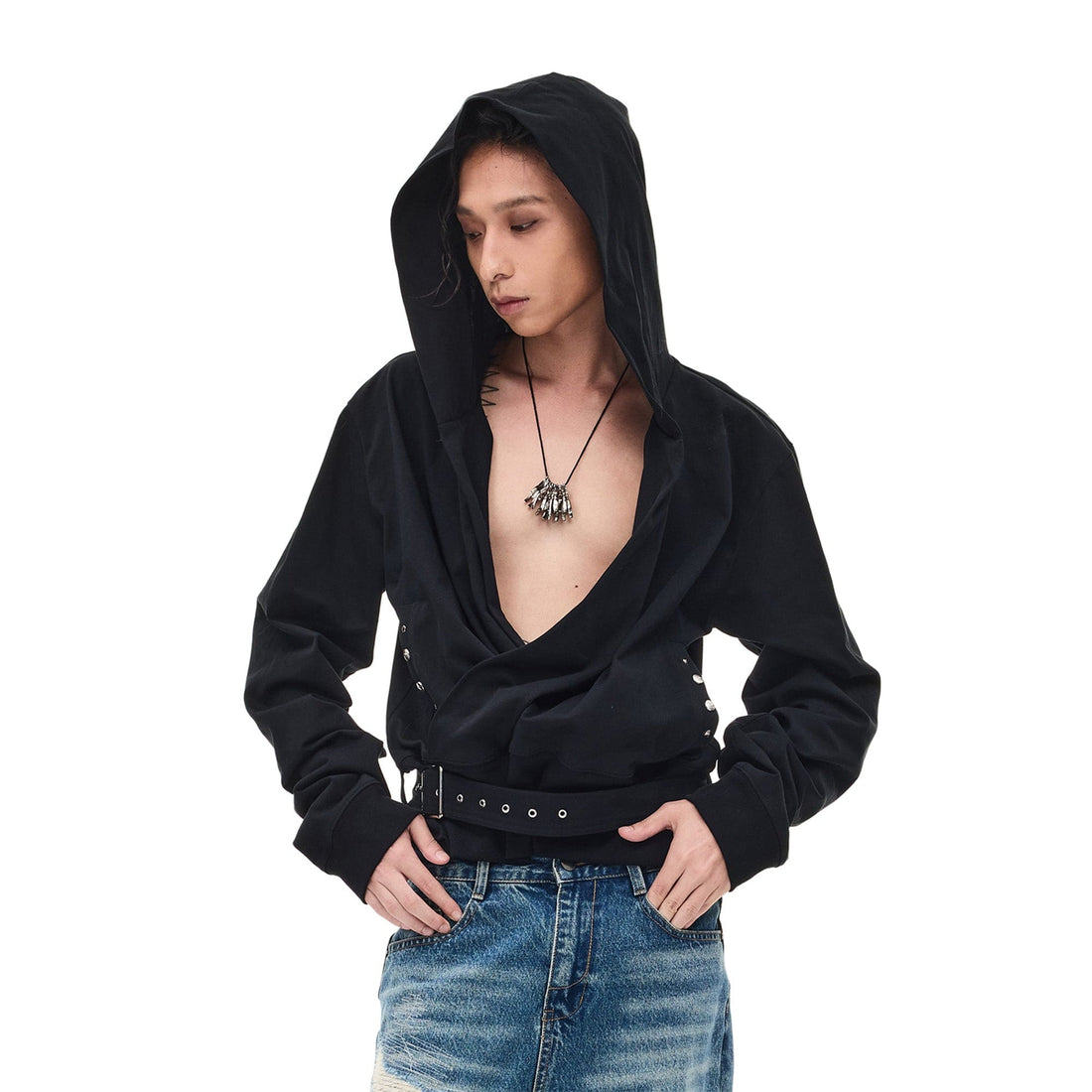 WHISTLEHUNTER Detachable-Belt Deep V-Cut Hardware Hoodie-Hoodie-S-Free Shipping Leatheretro