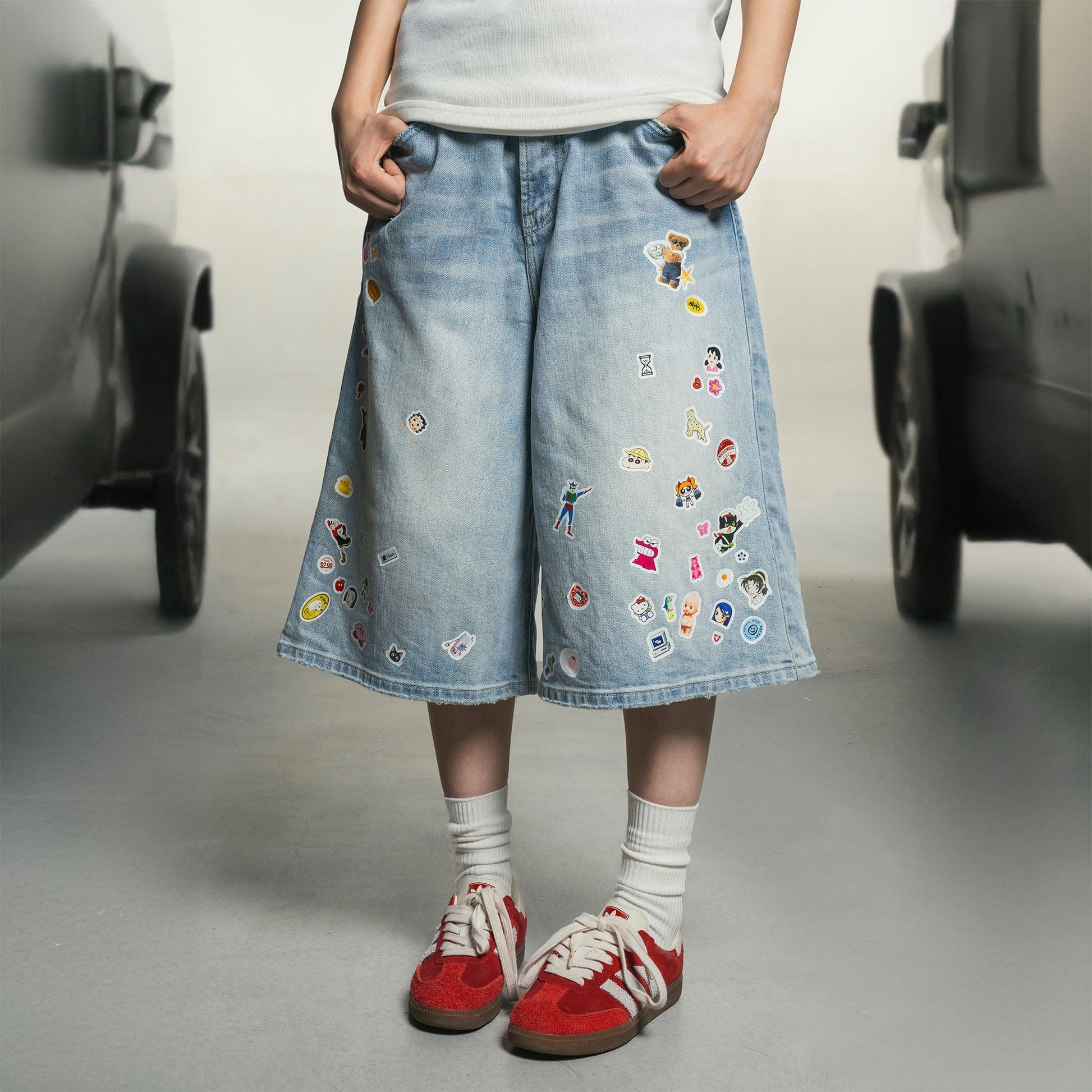 MAKEMORE Anime Sticker Washed Denim Shorts-Shorts-S-Free Shipping Leatheretro