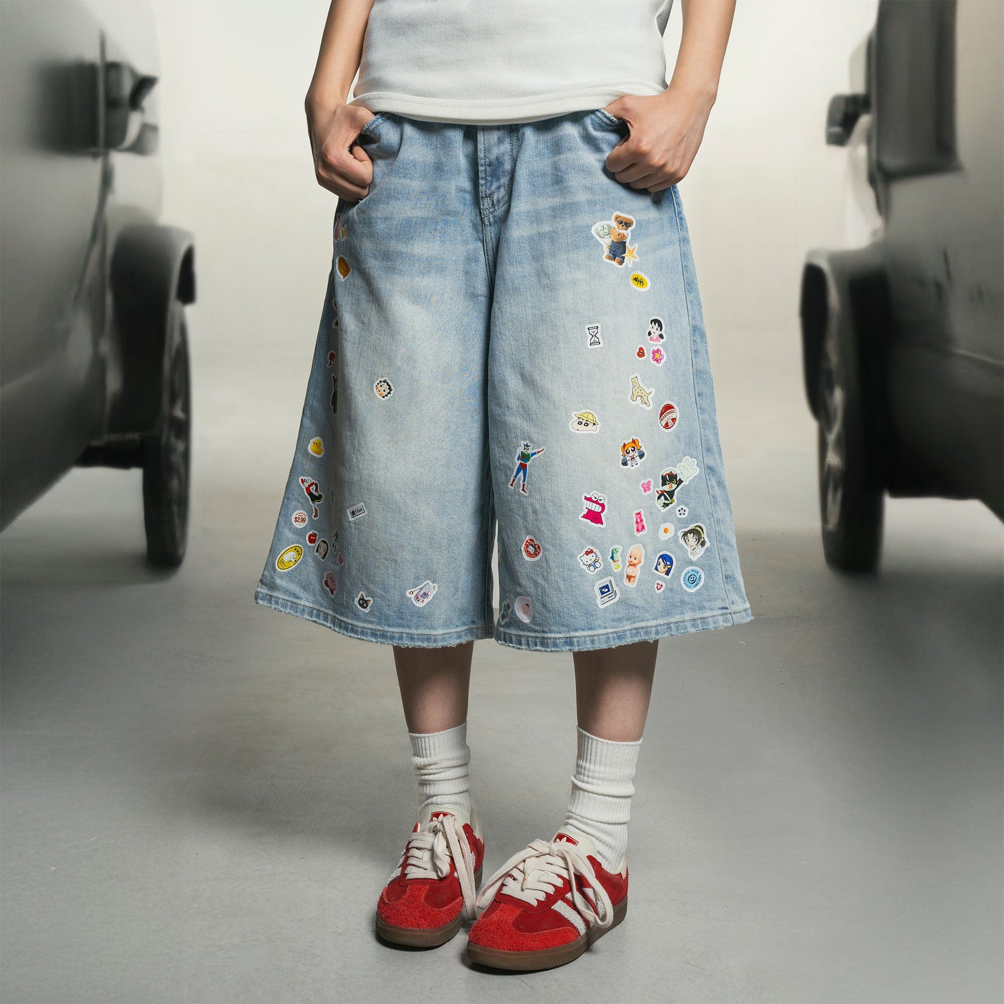 MAKEMORE Anime Sticker Washed Denim Shorts-Shorts-S-Free Shipping Leatheretro