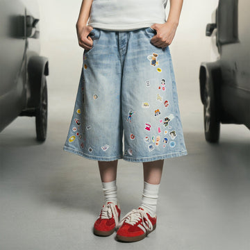 MAKEMORE Anime Sticker Washed Denim Shorts-Shorts-S-Free Shipping Leatheretro
