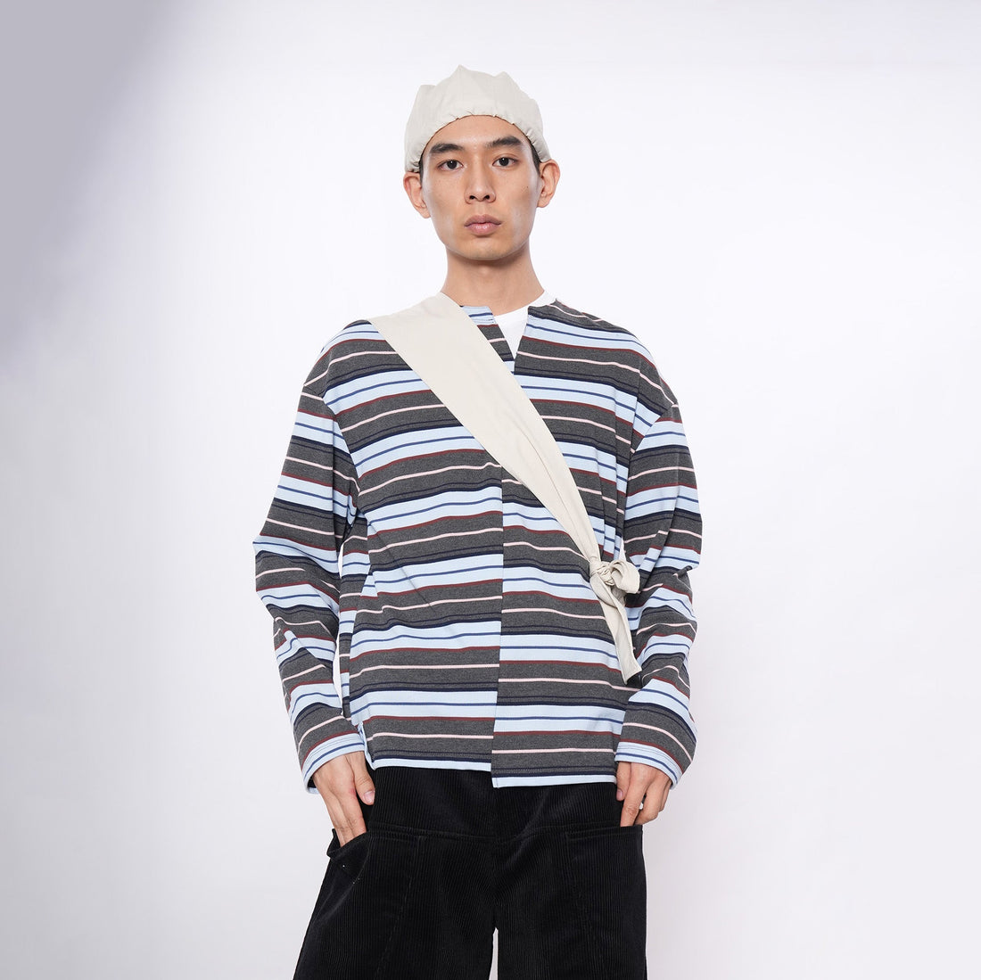 7440 37 1 Asymmetrical Stripe Panel Long Sleeve-L/S Tee-S (Preorder)-Blue and White-Free Shipping Leatheretro