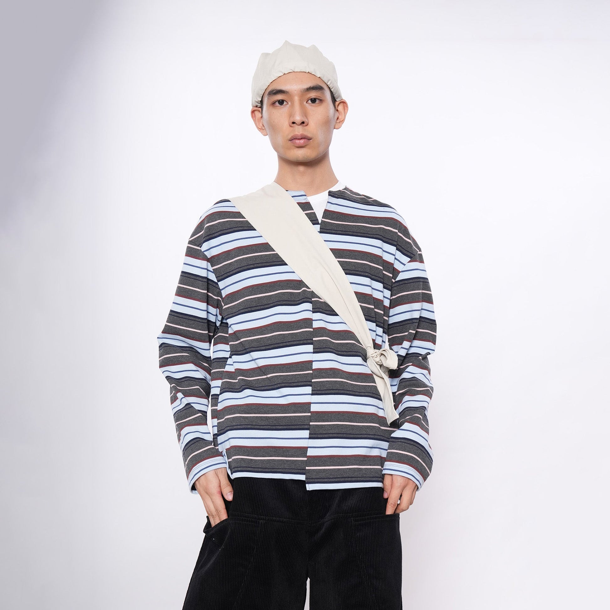 7440 37 1 Asymmetrical Stripe Panel Long Sleeve-L/S Tee-S (Preorder)-Blue and Black-Free Shipping Leatheretro