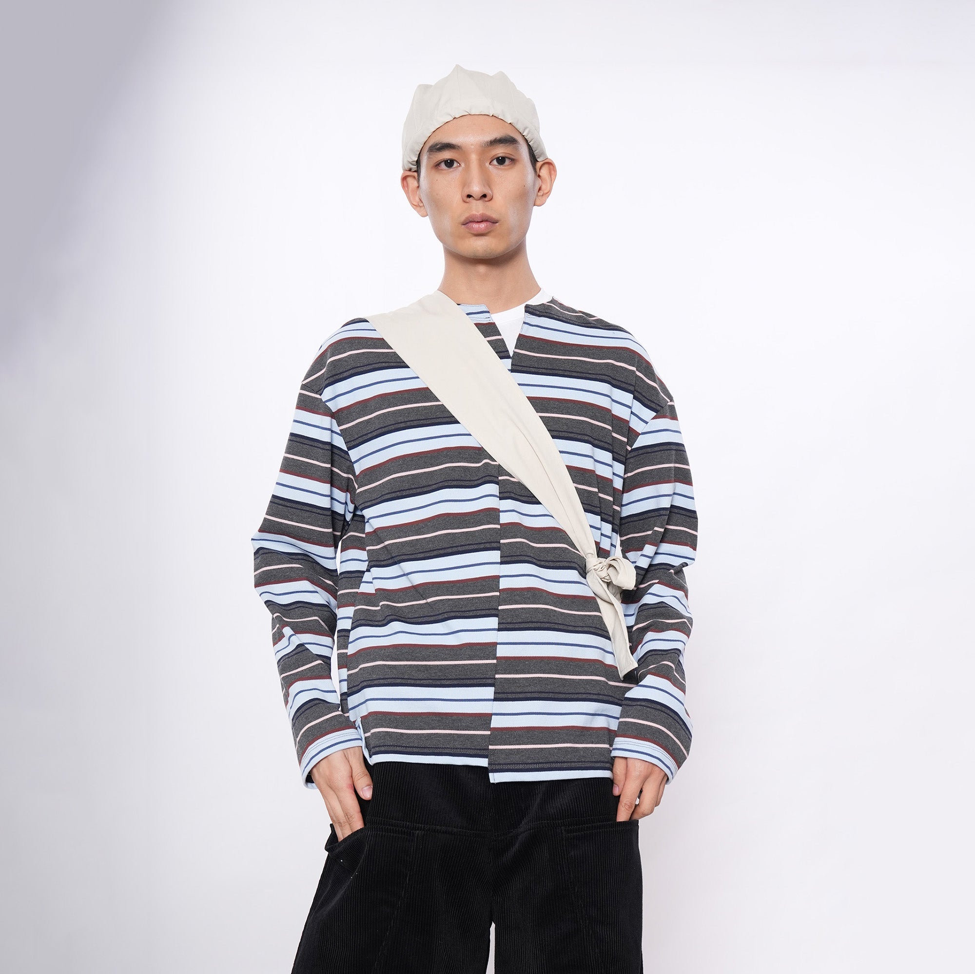 7440 37 1 Asymmetrical Stripe Panel Long Sleeve-L/S Tee-S (Preorder)-Blue and Black-Free Shipping Leatheretro