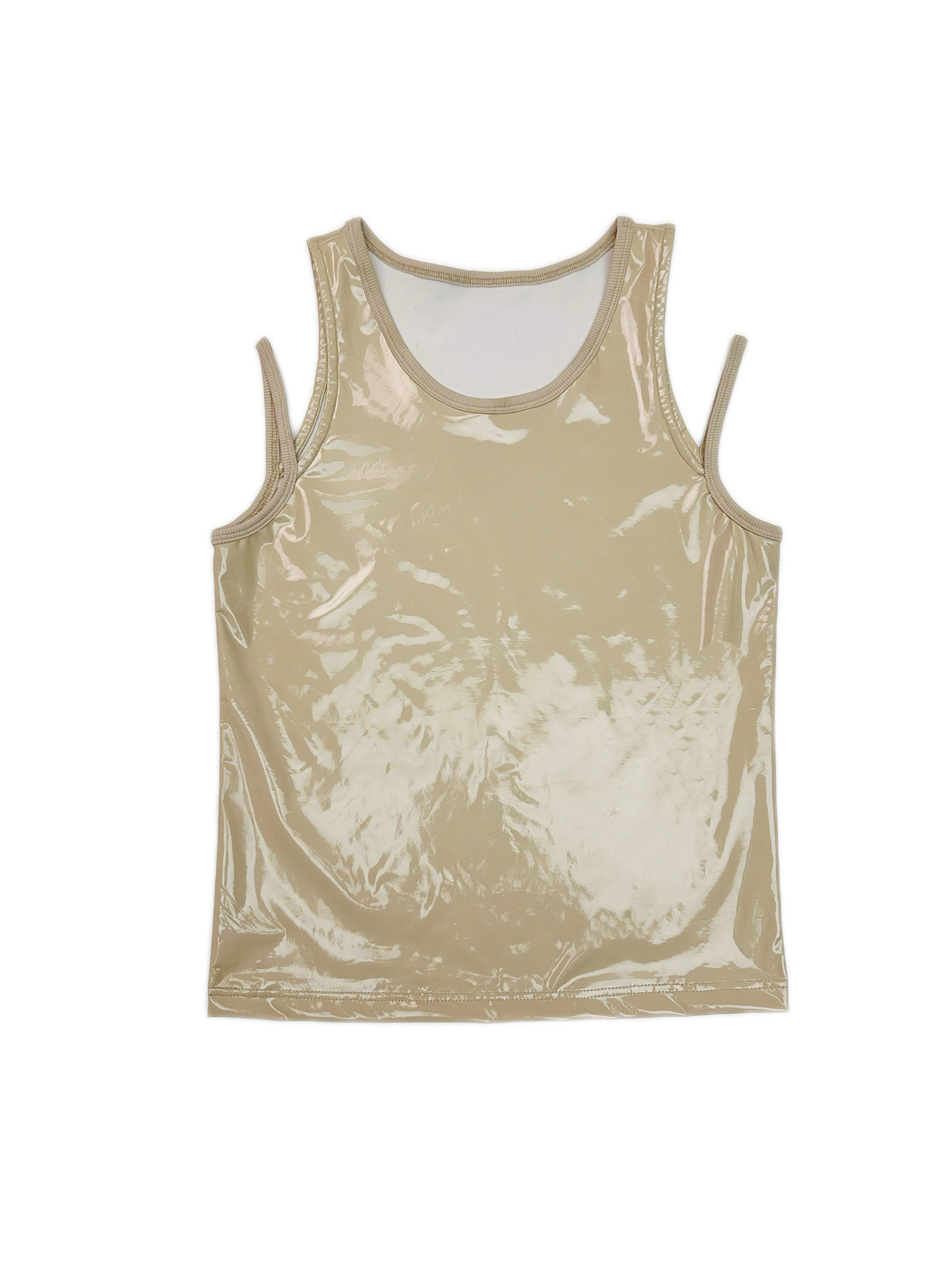 KADAKADA Patent Shine Layered Strap Ribbed Tank Top-Tank Top-M (Preorder)-Khaki-Free Shipping Leatheretro