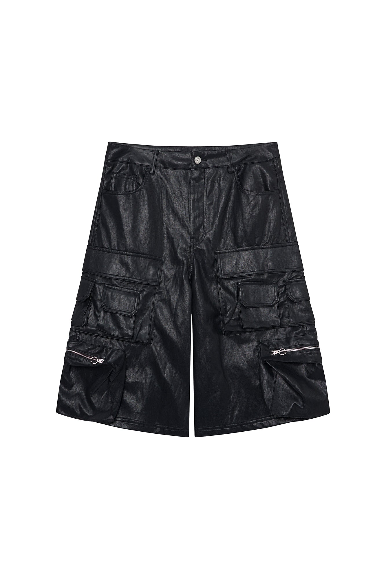 CLP Punk Faux Leather Multi-Pocket Cargo Shorts-Shorts-M-Black-Free Shipping Leatheretro