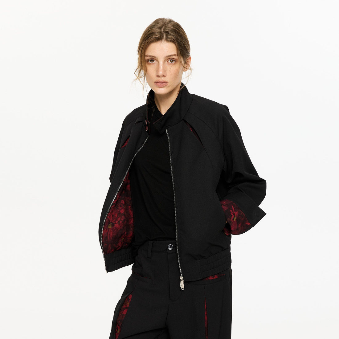 KREATE Floral-Lined Spliced Harrington Jacket-Jacket-S-Black-Free Shipping Leatheretro