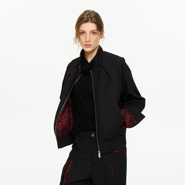 KREATE Floral-Lined Spliced Harrington Jacket-Jacket-S-Black-Free Shipping Leatheretro