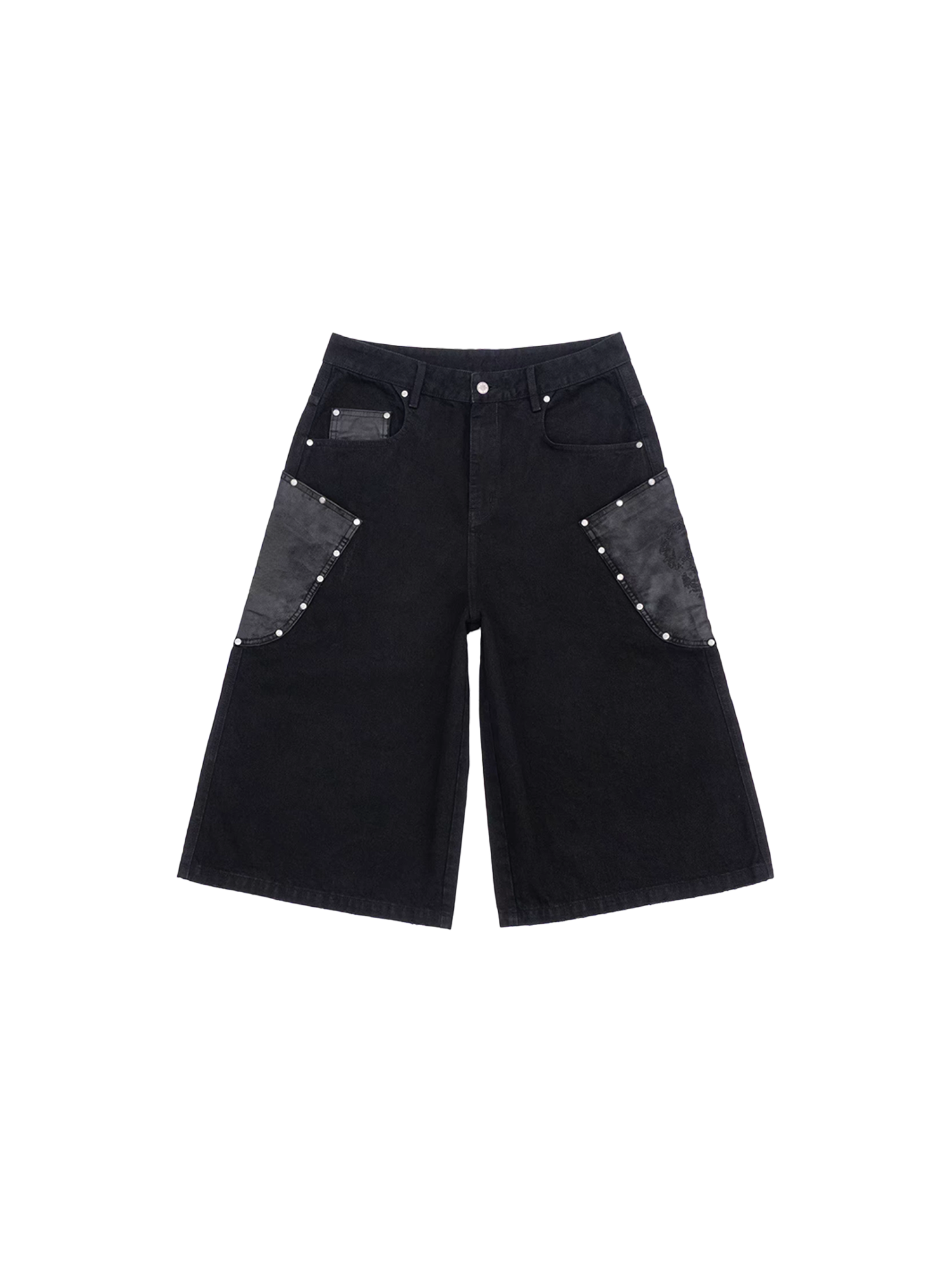 IN EXISTENCE Washed Rivet-Trim Patch Denim Shorts-Shorts-S (1)-Free Shipping Leatheretro