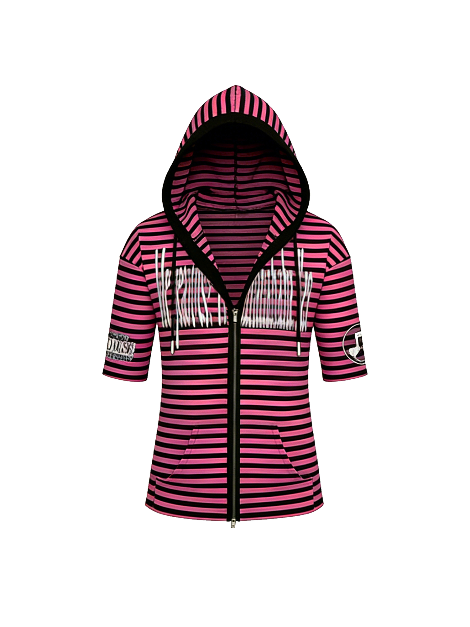 PAIKI Stripe Slogan Hooded Short-Sleeve Jacket-T Shirt-S-Black-Free Shipping Leatheretro