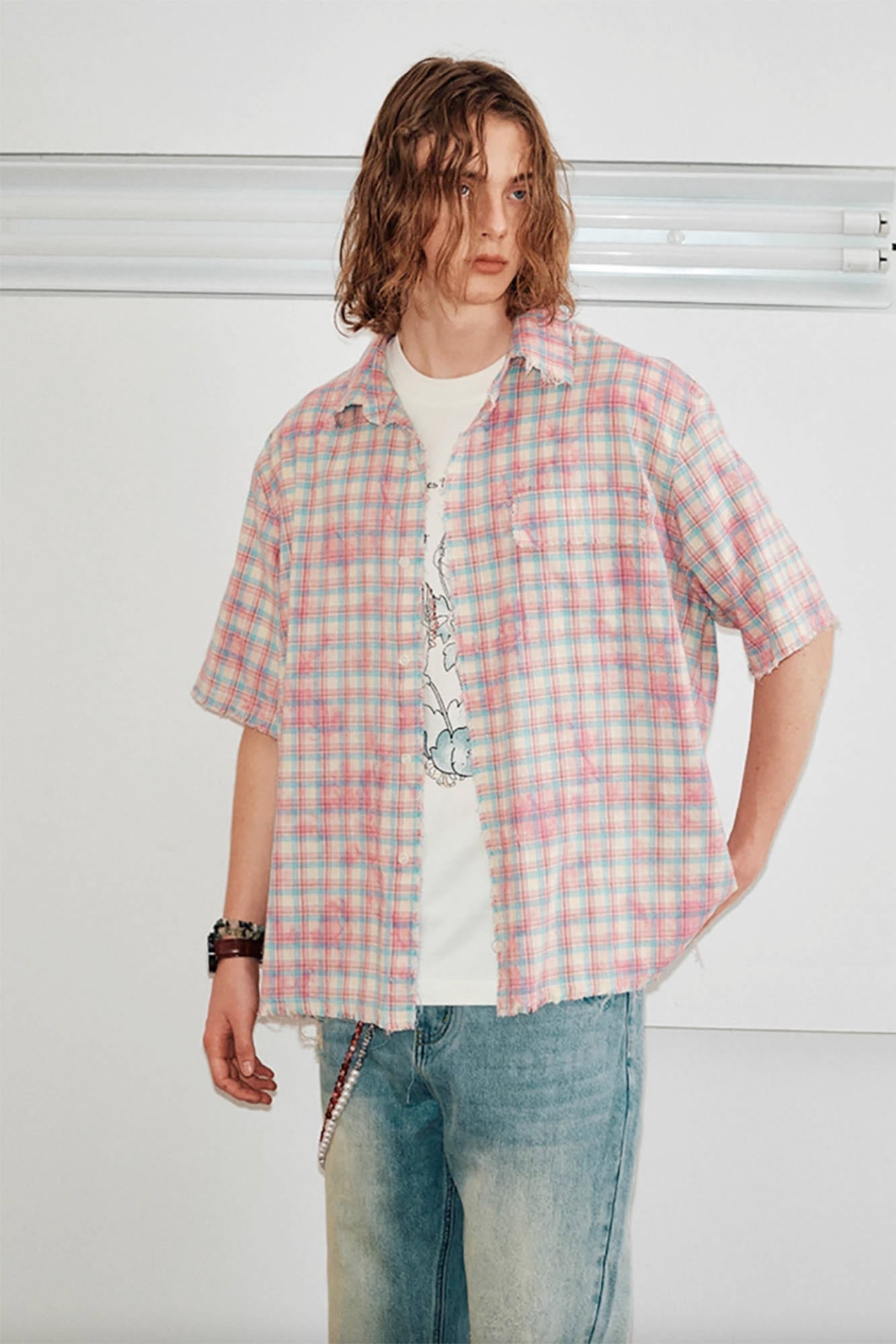 KREATE Frayed Tie-Dye Plaid Half Shirt-Half shirt-S-Pink-Free Shipping Leatheretro