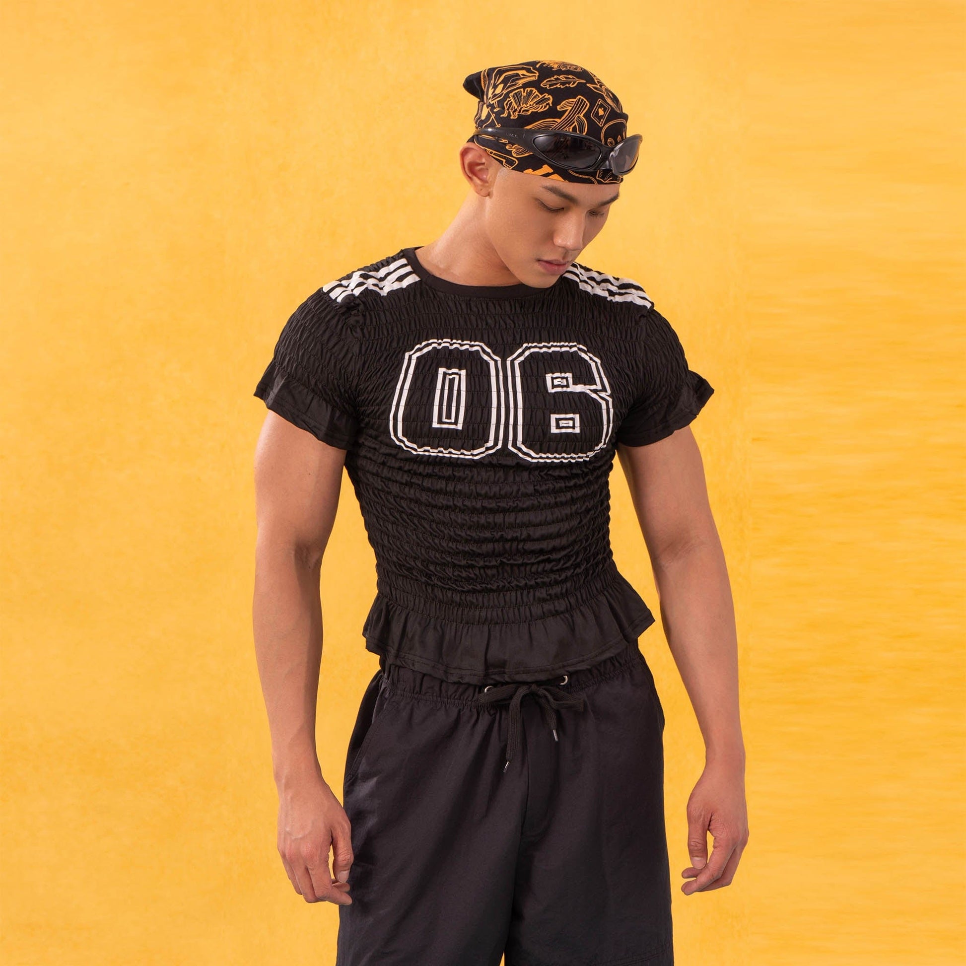 CLP Athletic Crinkled Stretch Paneled Ruffle T-Shirt-T Shirt-S-Black-Free Shipping Leatheretro