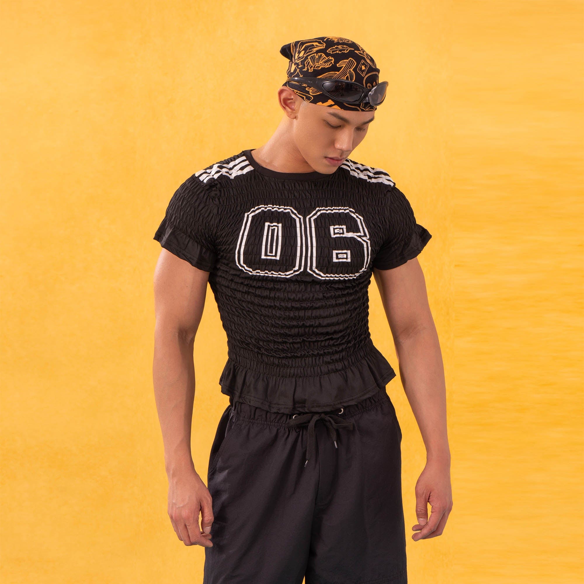 CLP Athletic Crinkled Stretch Paneled Ruffle T-Shirt-T Shirt-S-Black-Free Shipping Leatheretro