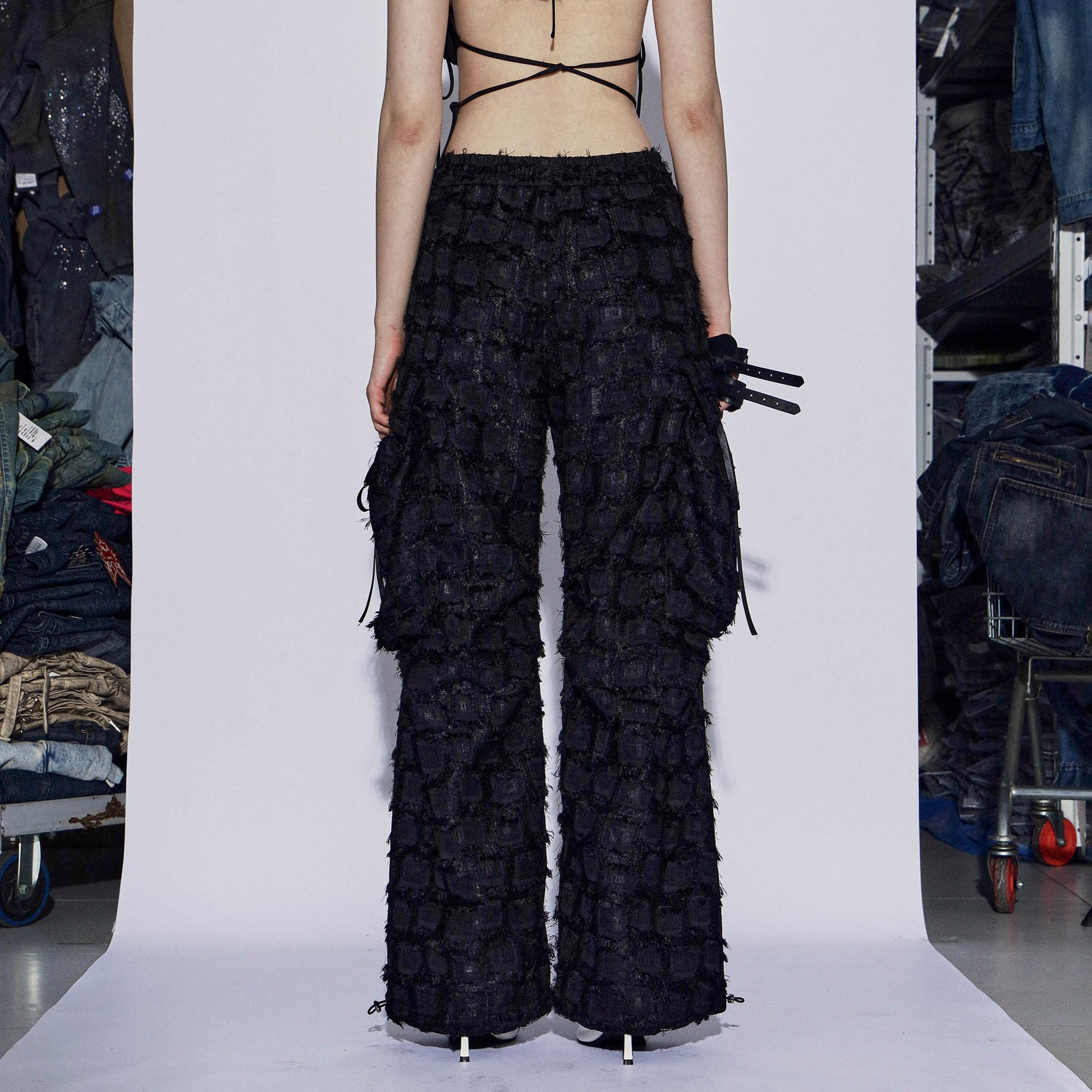 DND4DESxFaychui Fuzzy Grid Multi-Pocket Low-Rise Pants-Pants-S-Free Shipping Leatheretro