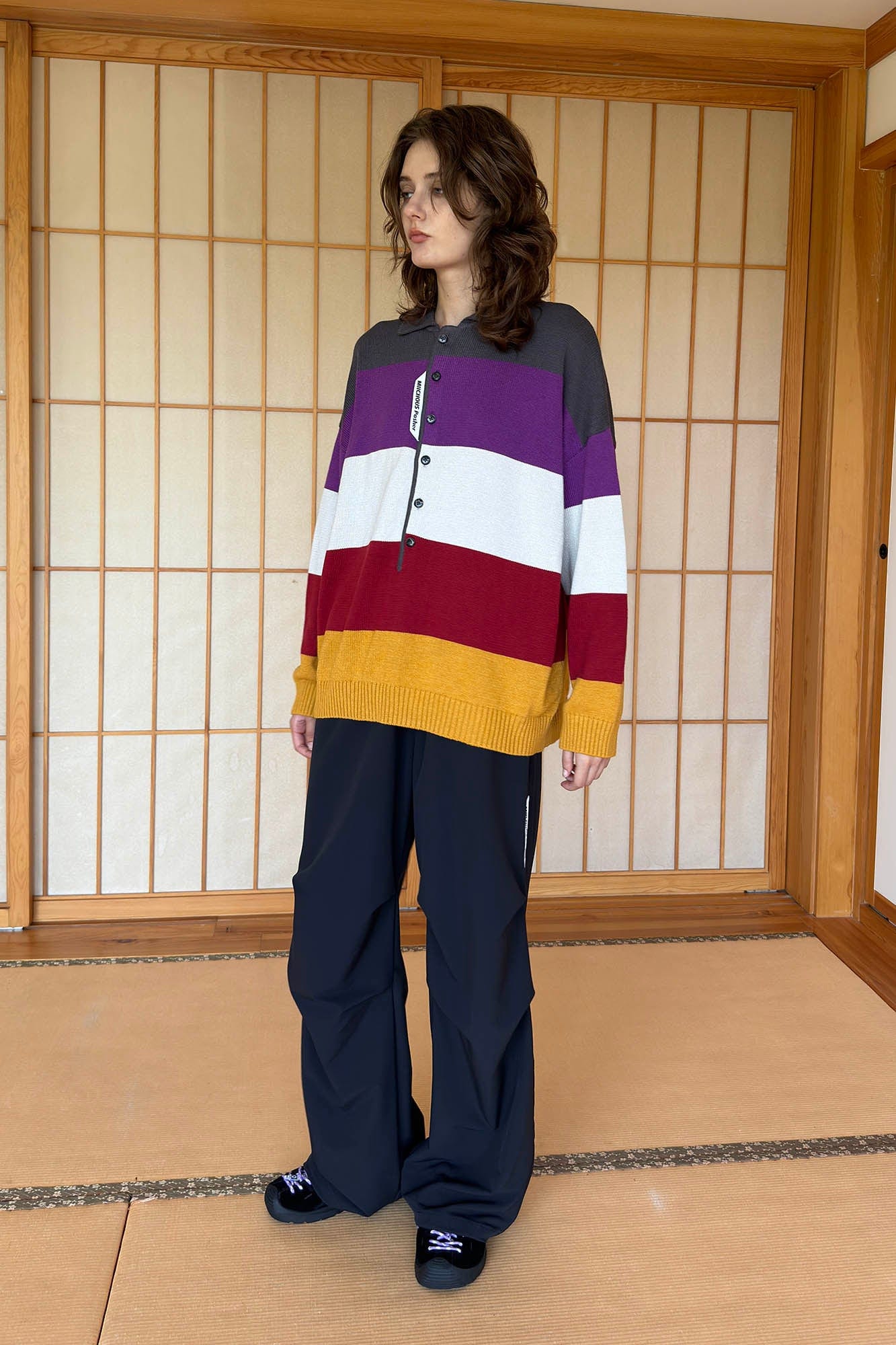 MIICHOUS Nature Magazine Wide-Stripe Polo Sweater-Sweater-S-Grey-Free Shipping Leatheretro