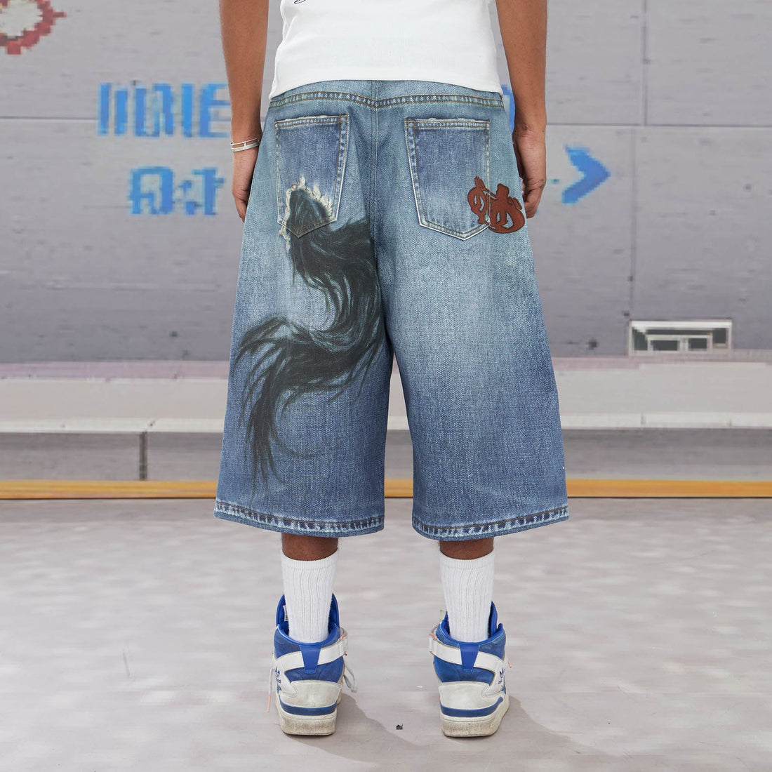 DND4DES Horse Graphics Washed Bermuda Denim Shorts-Shorts-XS-Free Shipping Leatheretro