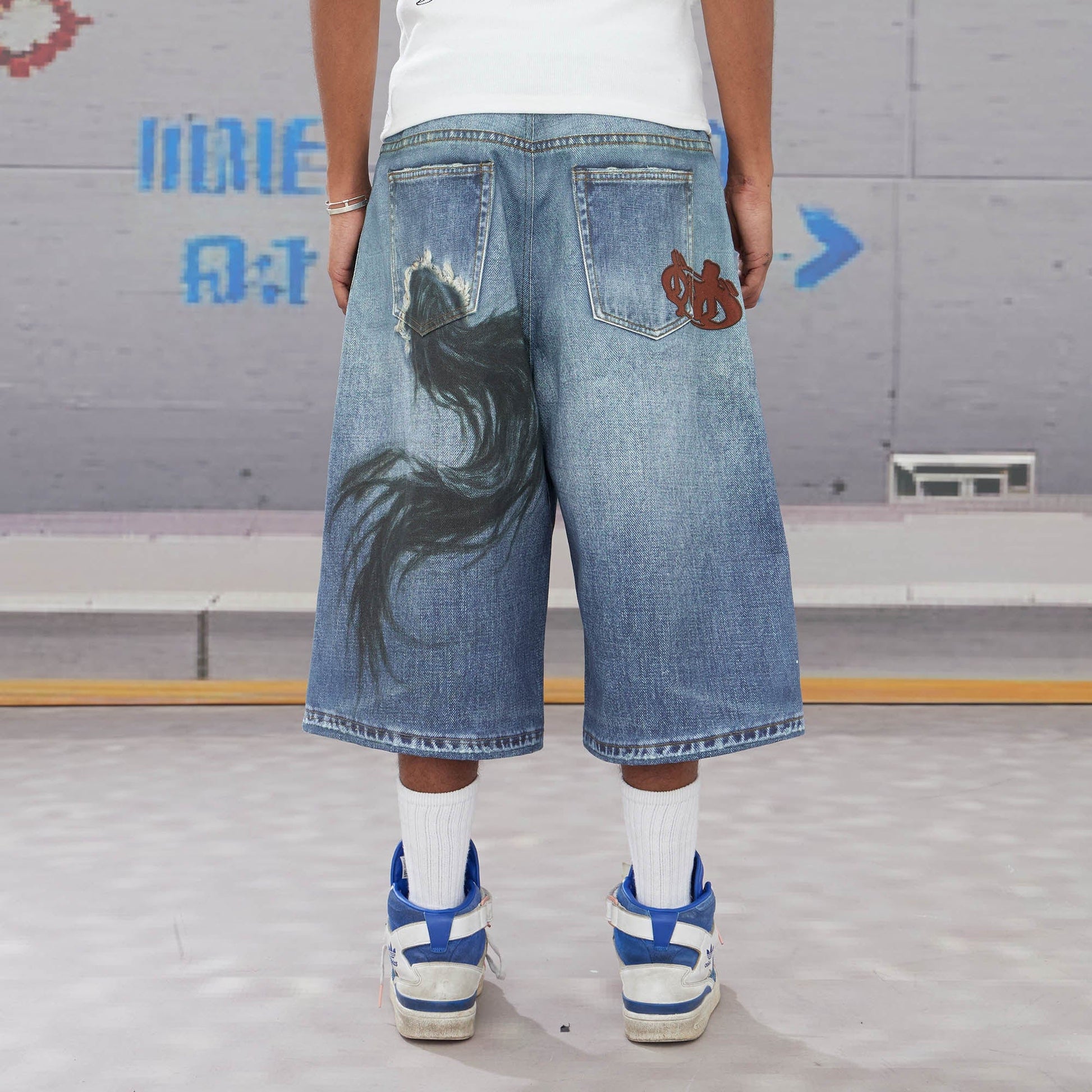 DND4DES Horse Graphics Washed Bermuda Denim Shorts-Shorts-XS-Free Shipping Leatheretro