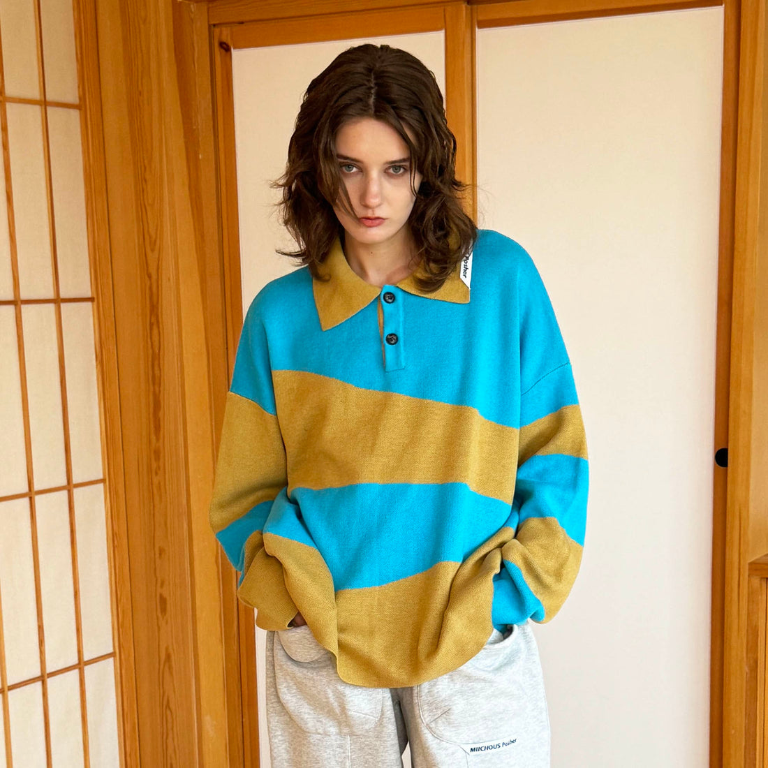 MIICHOUS Nature Magazine Ripple Stripe Polo Sweater-Sweater-S-Blue-Free Shipping Leatheretro