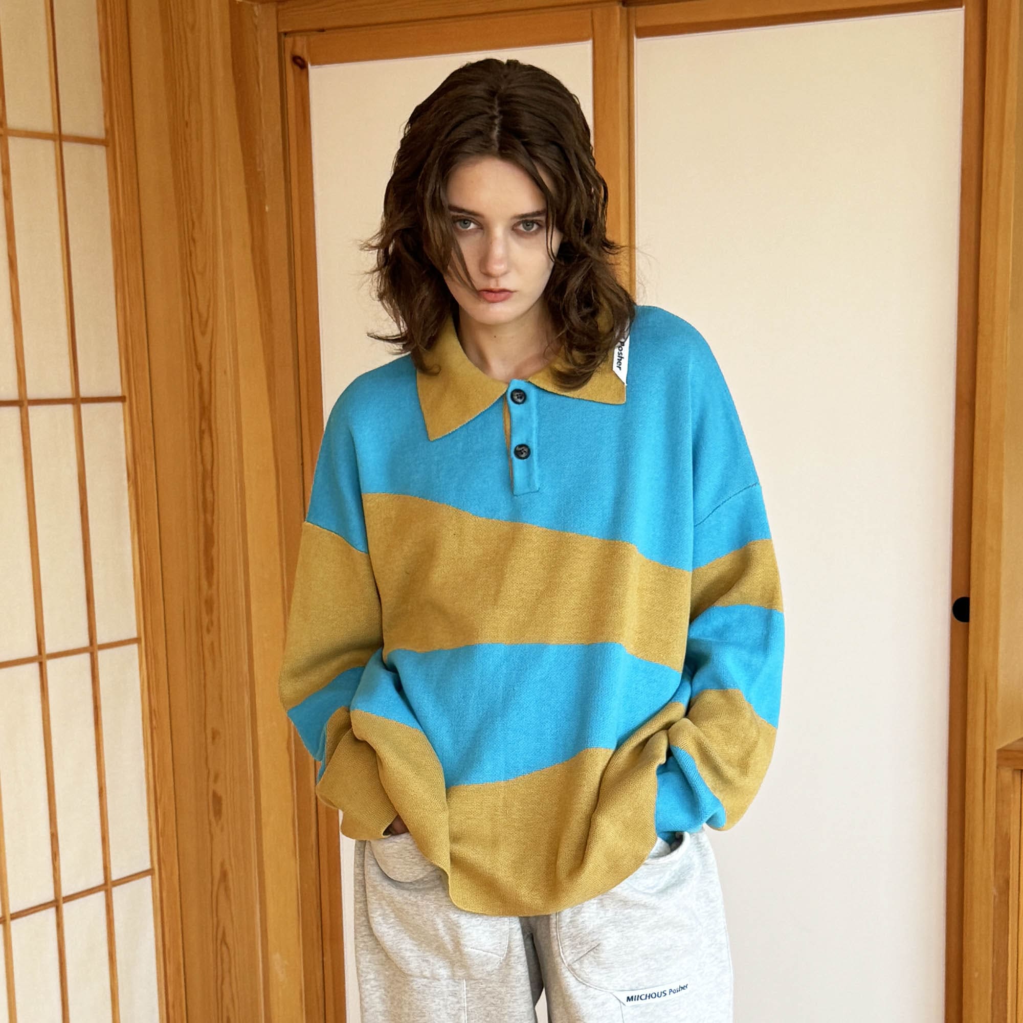 MIICHOUS Nature Magazine Ripple Stripe Polo Sweater-Sweater-S-Blue-Free Shipping Leatheretro