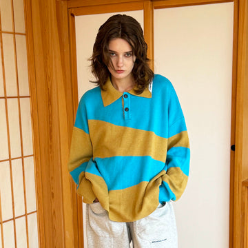 MIICHOUS Nature Magazine Ripple Stripe Polo Sweater-Sweater-S-Blue-Free Shipping Leatheretro