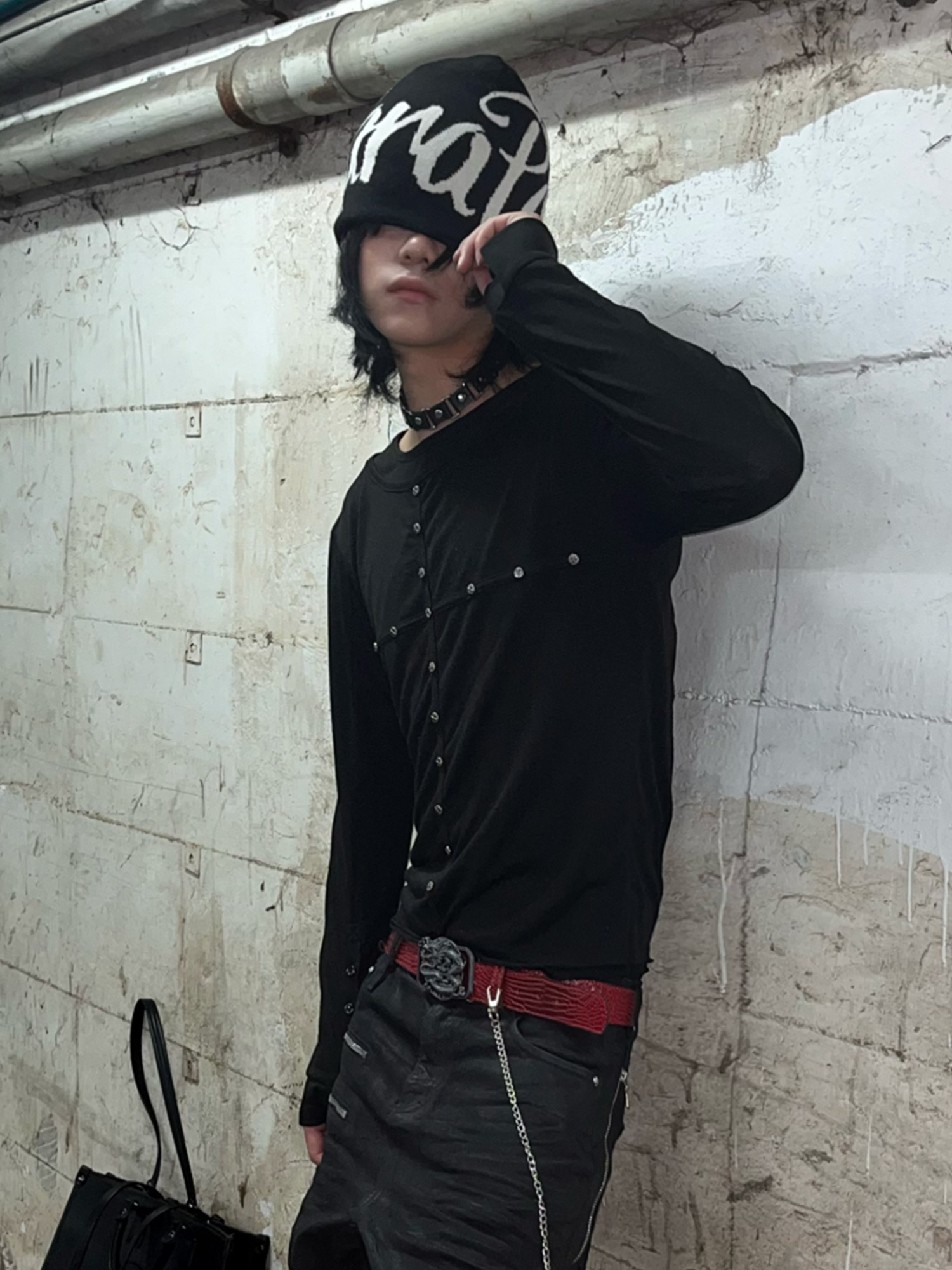 TH4SWE Layered-Collar Studded Henley Long-Sleeve Tee-L/S Tee-S-Free Shipping Leatheretro