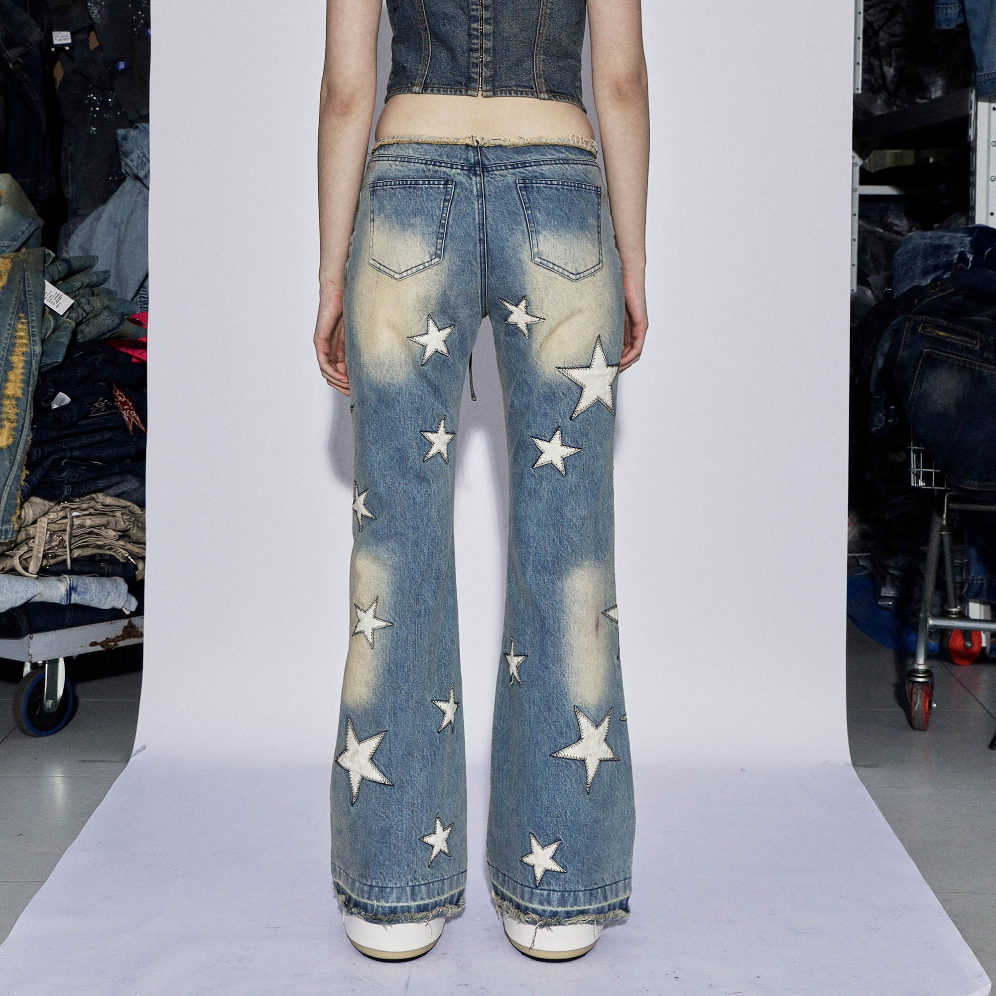 DND4DESxFaychui Starry Bleached Low-Rise Flared Jeans-Jeans-S-Free Shipping Leatheretro