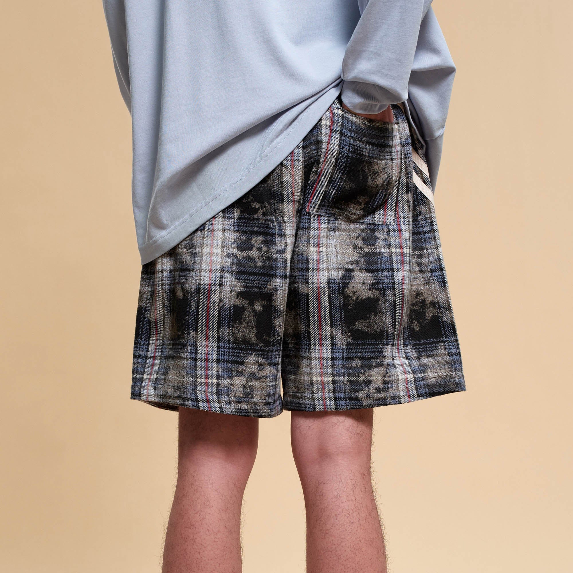 BONELESS Plaid Distressed Drawstring Shorts-Shorts-S-Blue-Free Shipping Leatheretro