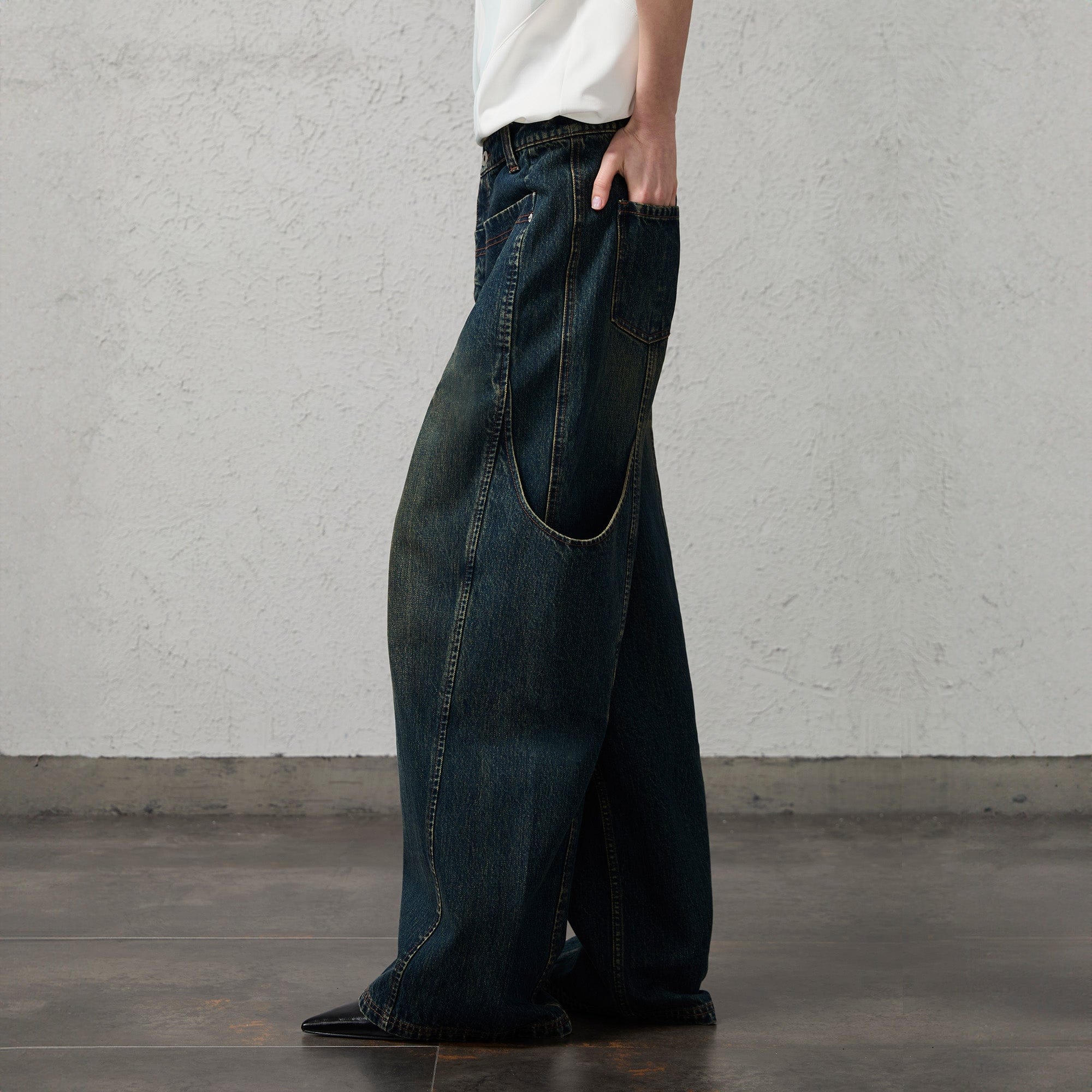 ORGANIC EMOTION Big-Pocket Paneled Wide-Leg Jeans-Jeans-S-Navy-Free Shipping Leatheretro