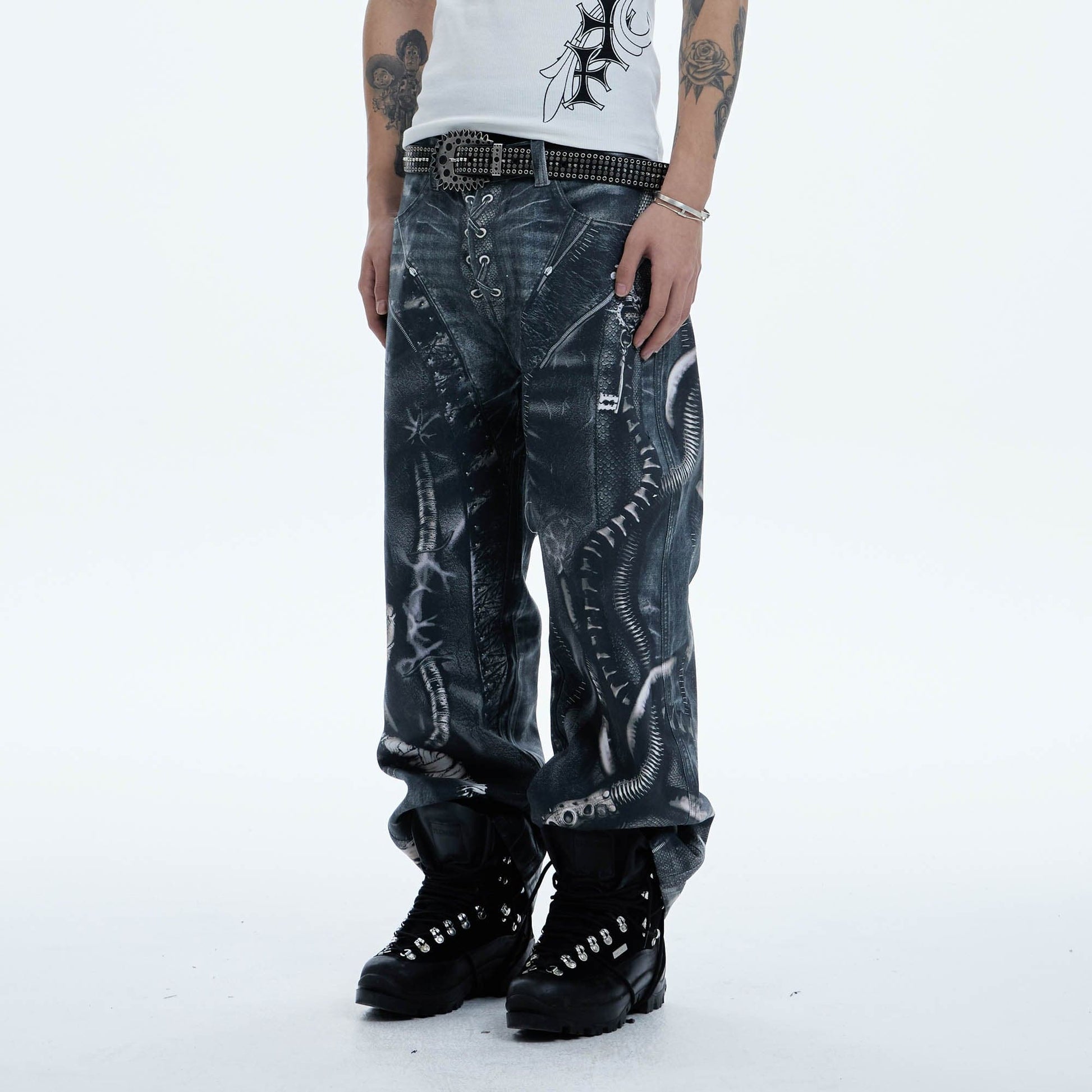 DND4DES Industrial Pipe Lace-Up Graphic Baggy Jeans-Jeans-XS-Free Shipping Leatheretro