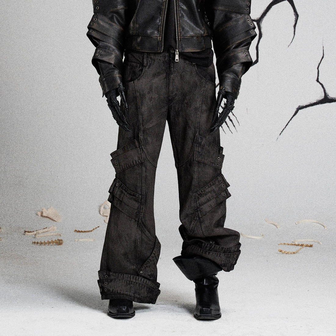 FLYERRER Mutation Layered Strap Distressed Wide-Leg Pants-Pants-S-Free Shipping Leatheretro