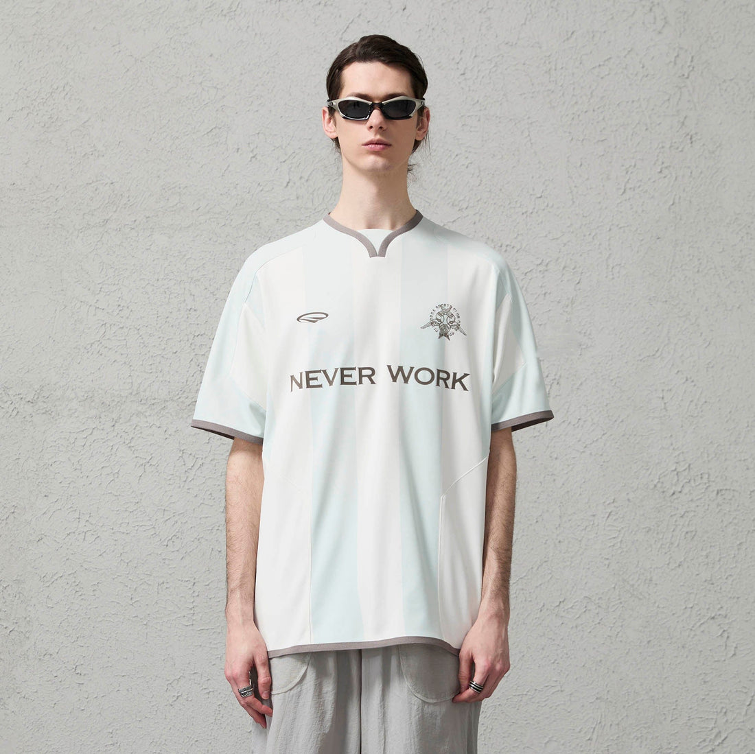 ORGANIC EMOTION Never Work Slogan Stripes Spliced Jersey-T Shirt-S-Gray-Free Shipping Leatheretro