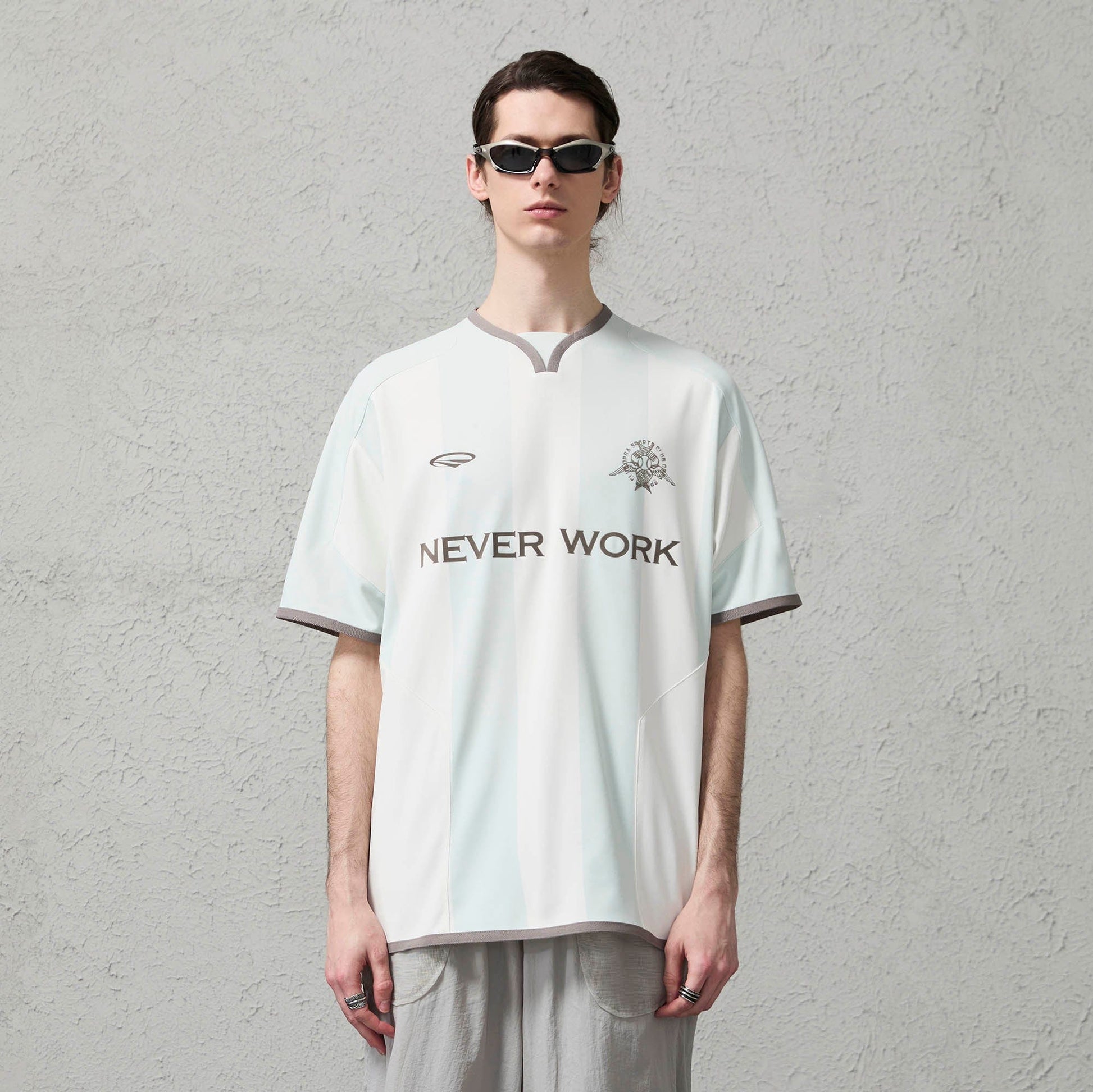 ORGANIC EMOTION Never Work Slogan Stripes Spliced Jersey-T Shirt-S-Blue-Free Shipping Leatheretro