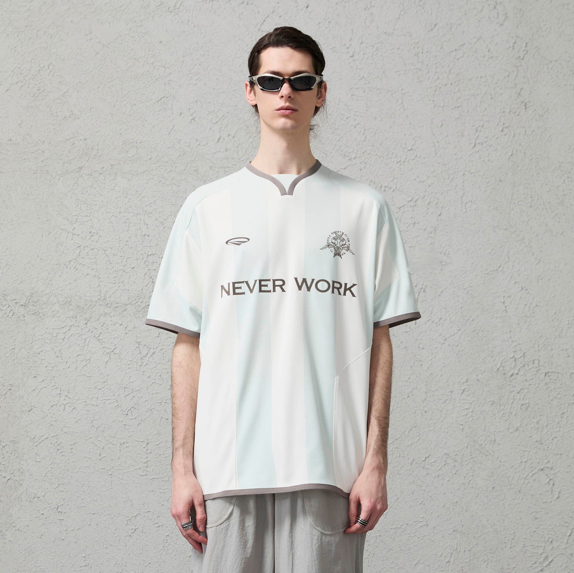 ORGANIC EMOTION Never Work Slogan Stripes Spliced Jersey-T Shirt-S-Blue-Free Shipping Leatheretro