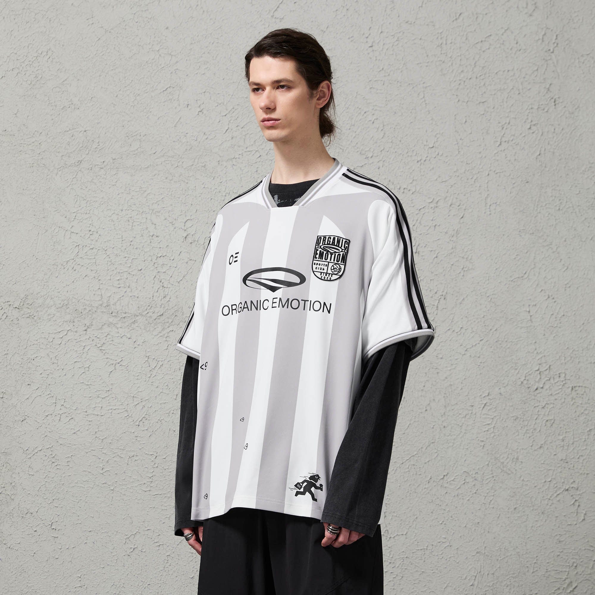 ORGANIC EMOTION Striped Badge Graphics Soccer Jersey-T Shirt-S-Gray-Free Shipping Leatheretro