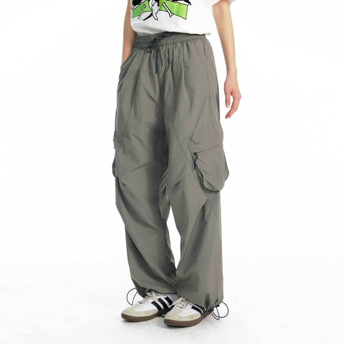 1997 POSTOFFICE Splatter Camo Crinkled Drawstring Cargo Pants-Pants-S-Black-Free Shipping Leatheretro