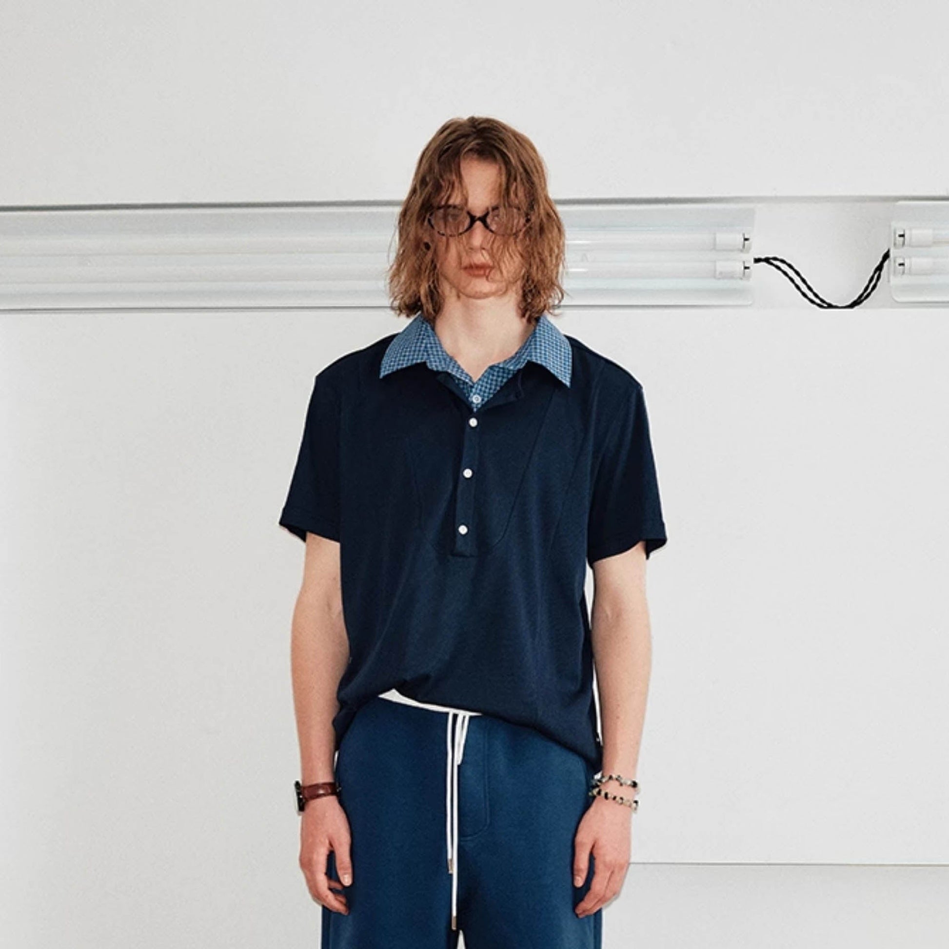 KREATE Layered Plaid Collar Polo T-Shirt-T Shirt-S-Blue-Free Shipping Leatheretro